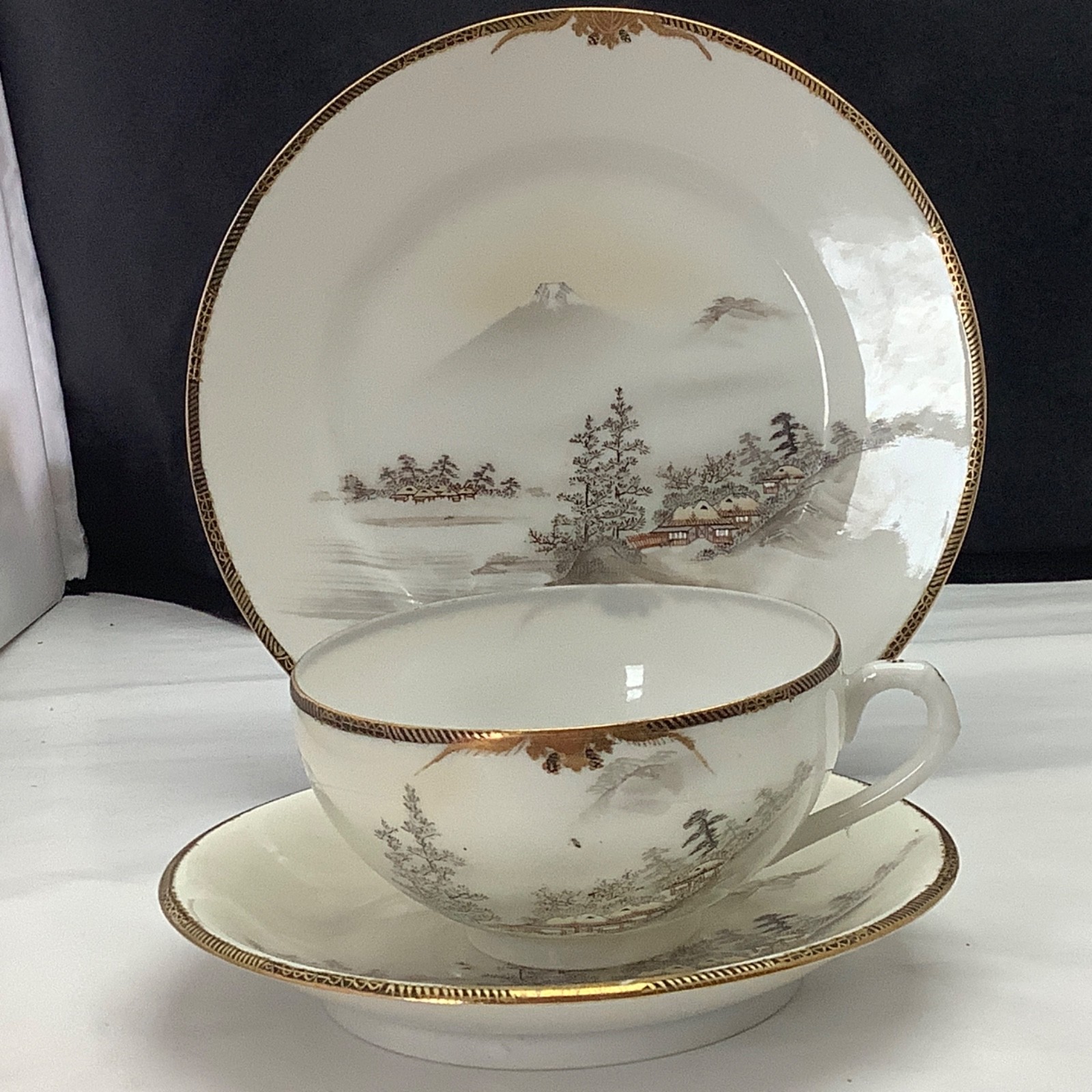 Antique Japanese Eggshell Porcelain Cup, Saucer & Plate- Scenery – Meiji Period