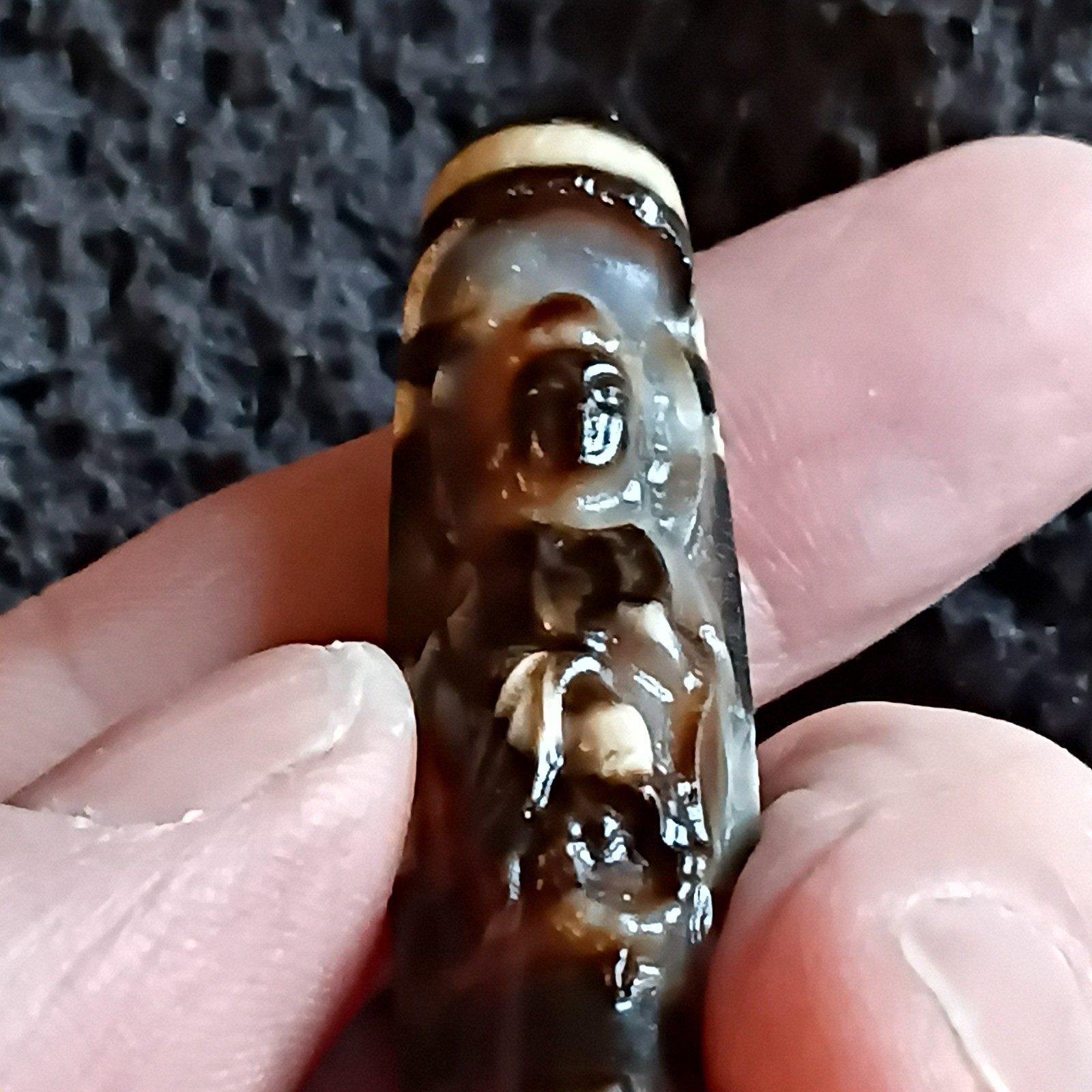 Tibetan Agate pre 1800s Rare Handcarved Kwan Yin 3 Eye Dzi Bead