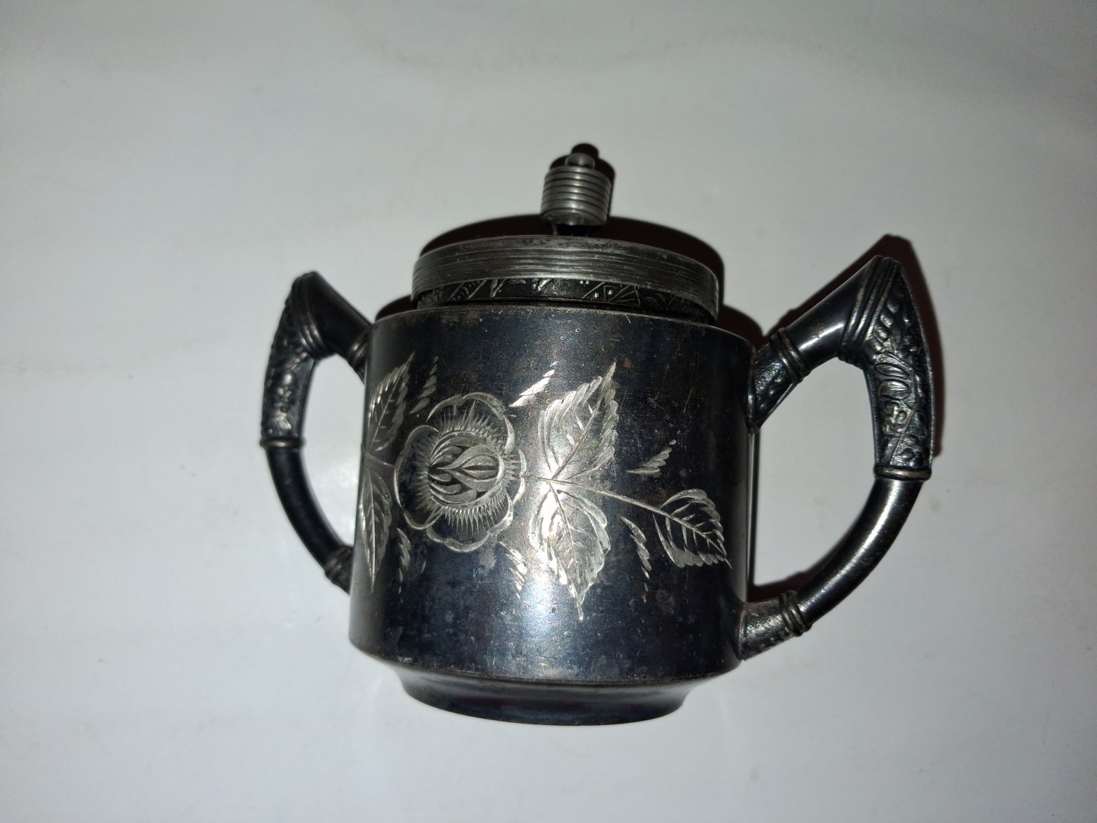 CB Barker MFG Co Quadrupleplated Sugar Bowl with Lid Etched Floral Design USA