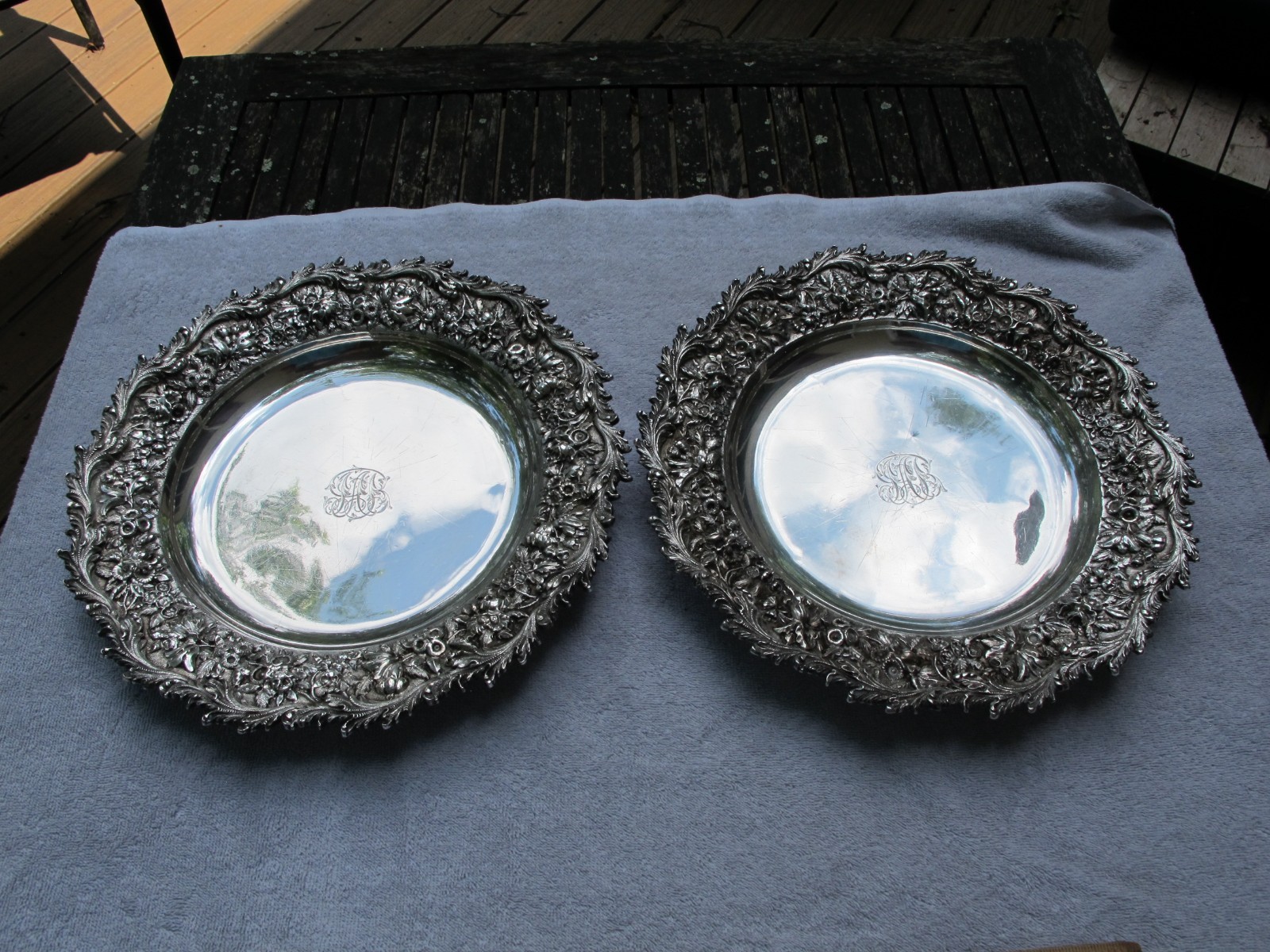 Pair MASSIVE KIRK 925/1000 Mark REPOUSSE Pattern 13 1/4 Inch CHARGERS-2432 grams