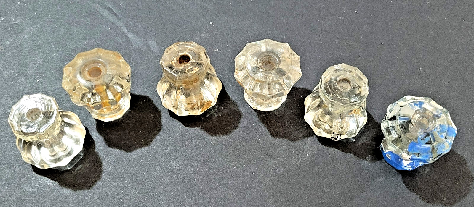 6 Clear Glass 10 Sided Drawer Pull Knobs Vintage 1-1/8″ tall