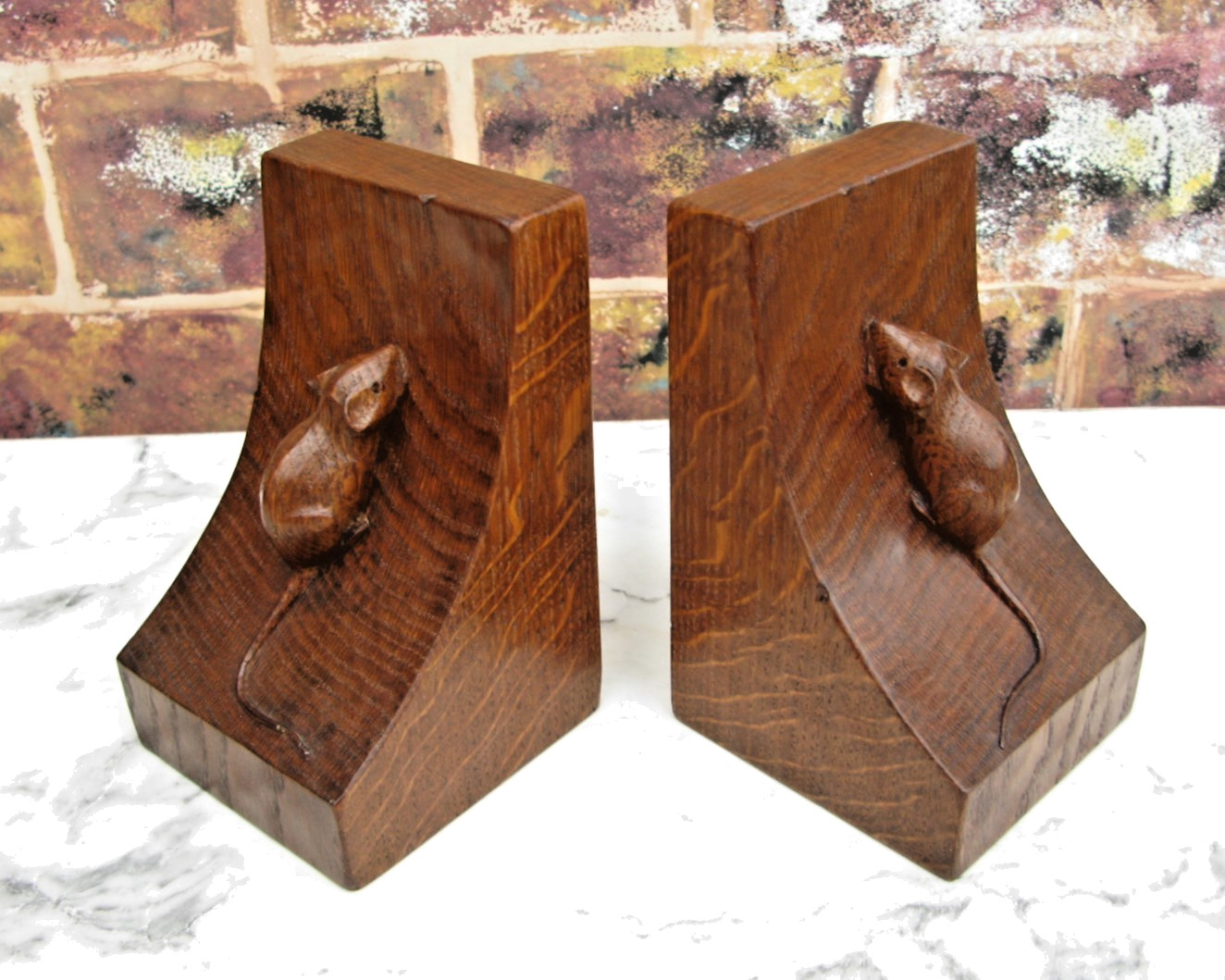 Early Rare Desirable Robert “Mouseman” Thompson Yorkshire Oak Bookends c.1940s