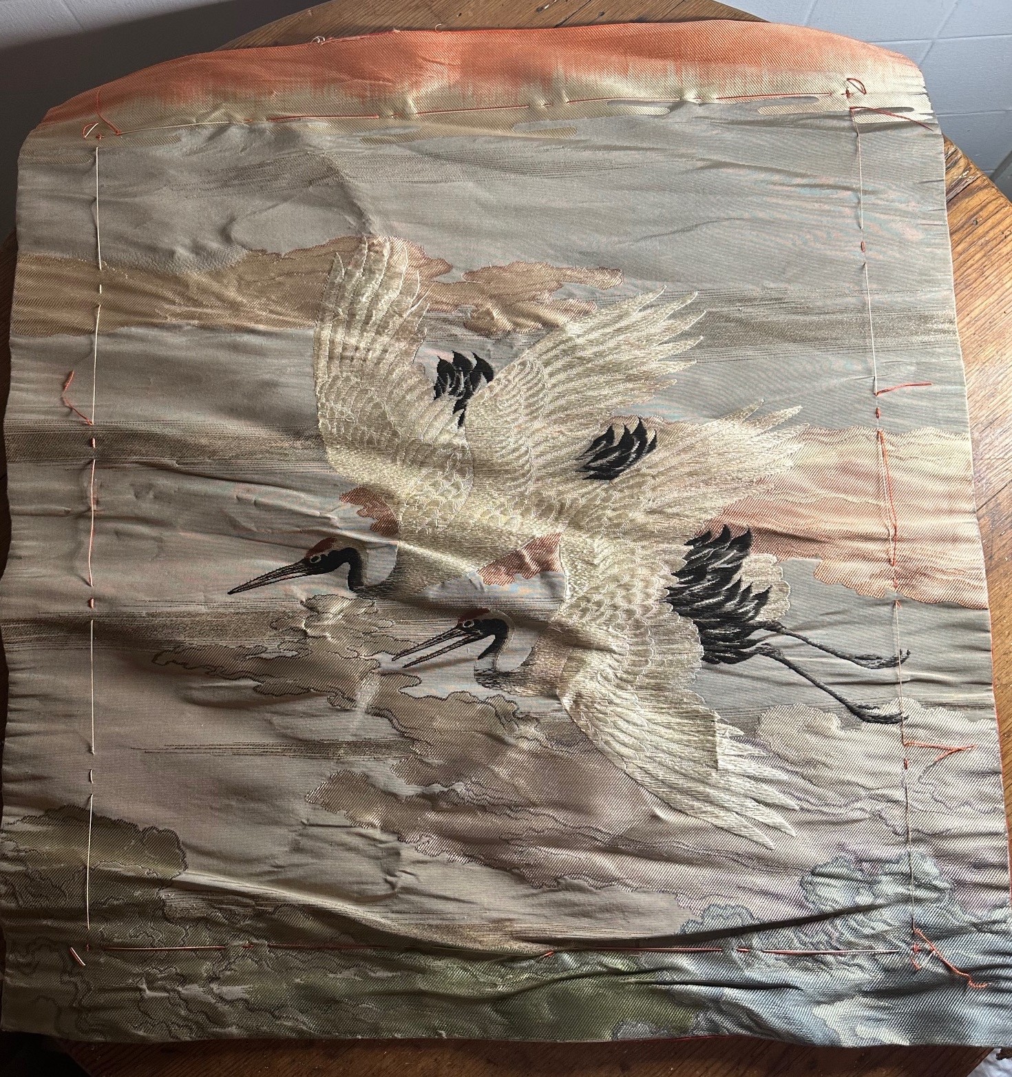 Exquisite Antique Japanese Tapestry – 2 Cranes, Clouds Waves – 25-3/4” x 24-1/2″
