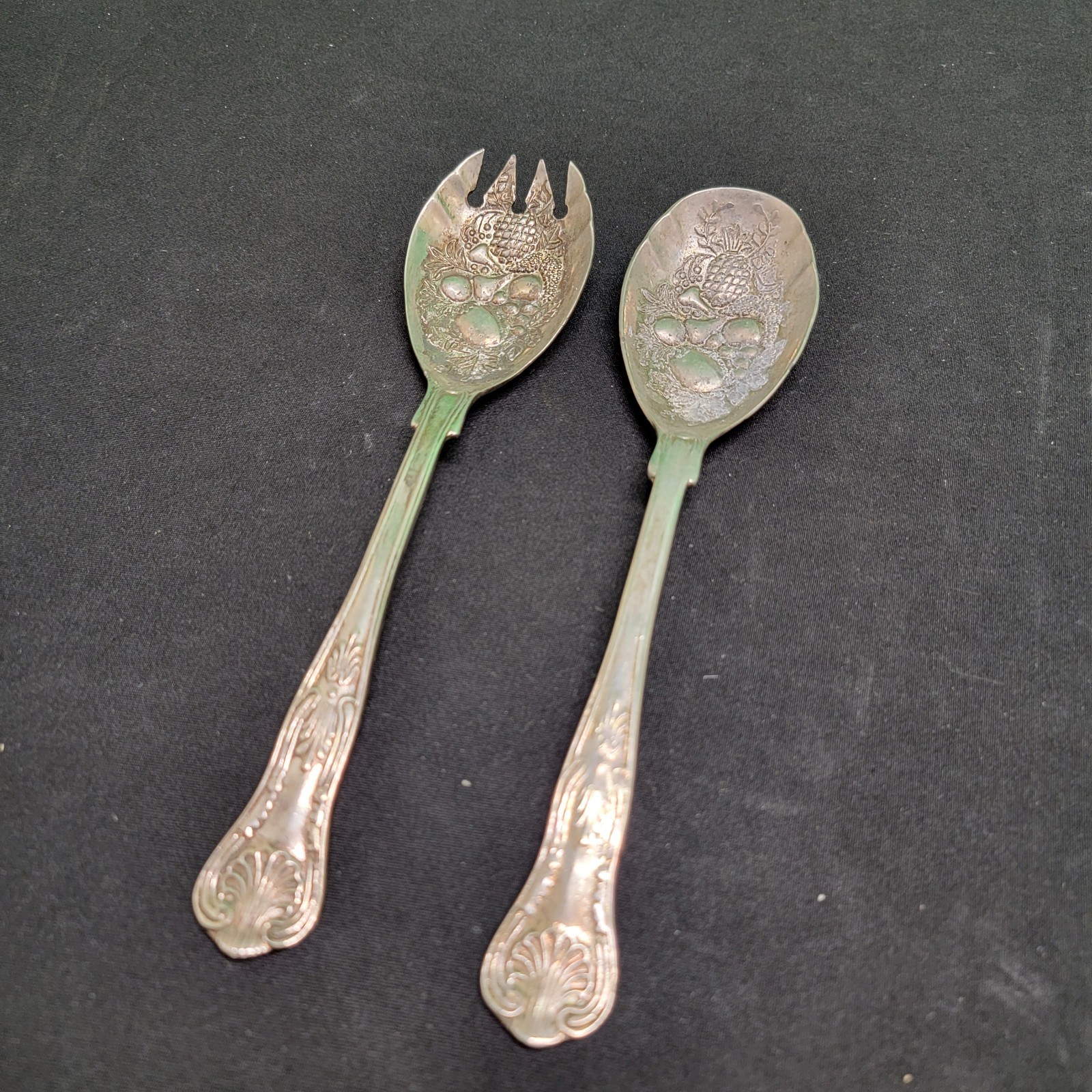 Vintage Silver Plated Salad Serving Fork & Spoon & Cake Knife Embossed Fruit…