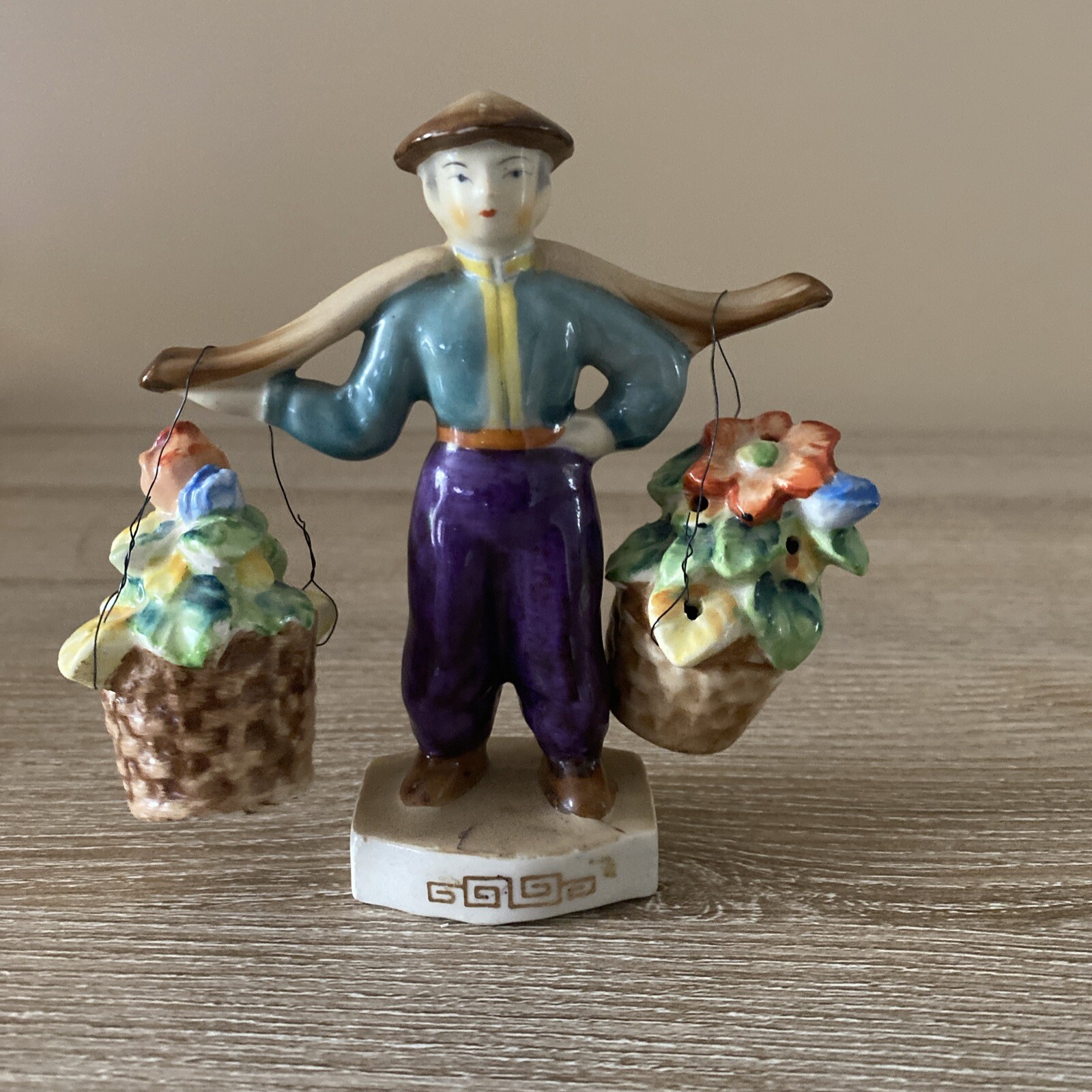 Vintage Oriental Chinese Boy Carrying Flower Baskets Salt & Pepper Shakers