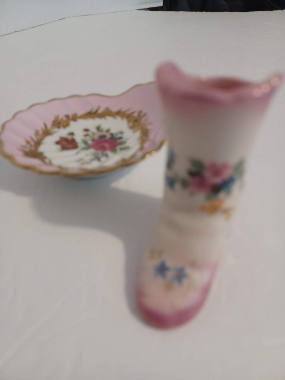 Antique 4 Inch Limoge Porcelain Dish And 3 Inch Pink Flowered Cow Girl Boot