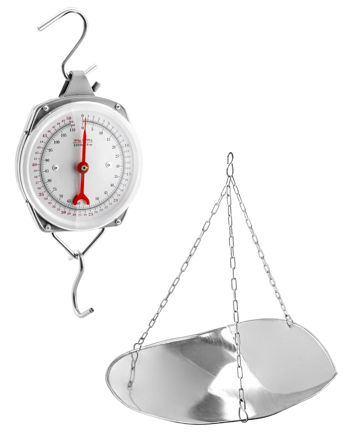 110 Lbs Large Display Spring Dial Weight Scale & Scale Scoop/Chain with Hanging