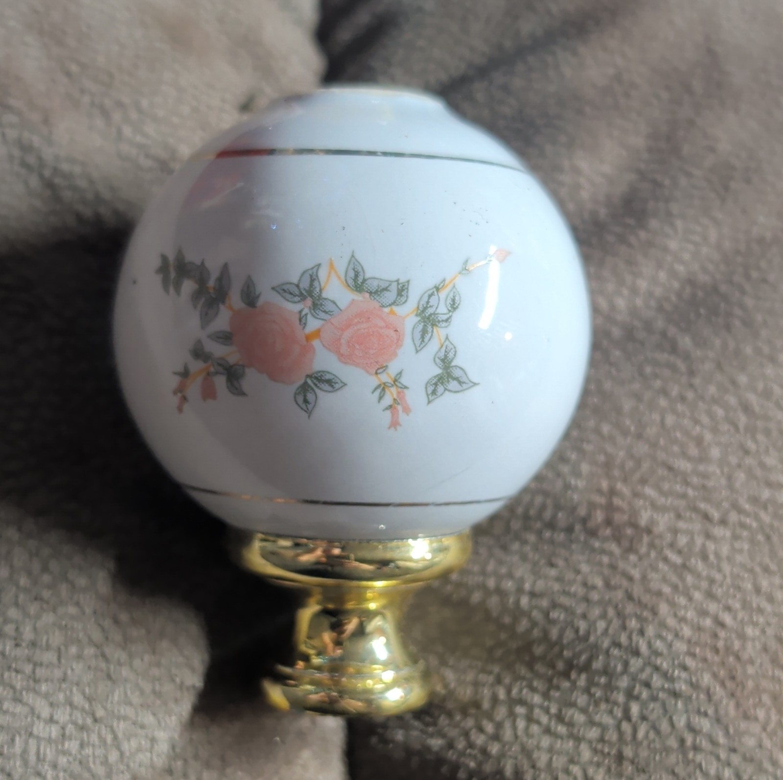 Porcelain Brass Rose Lamp Finial White Gold Pink Green Floral Design