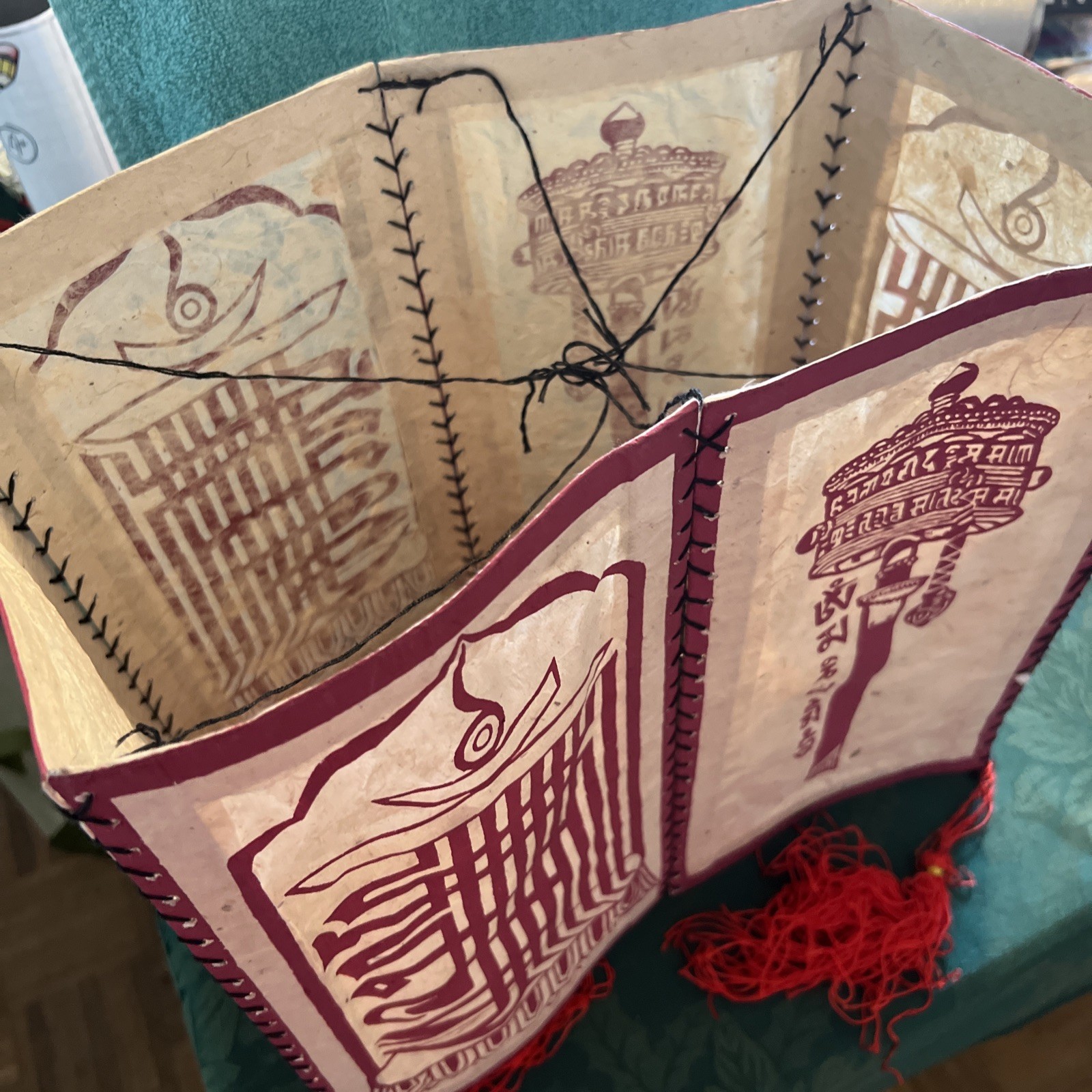 Vtg Kalachakra Hanging Paper Lantern With Tassels 6 Sided 12”x7” Panels Lotta Pa