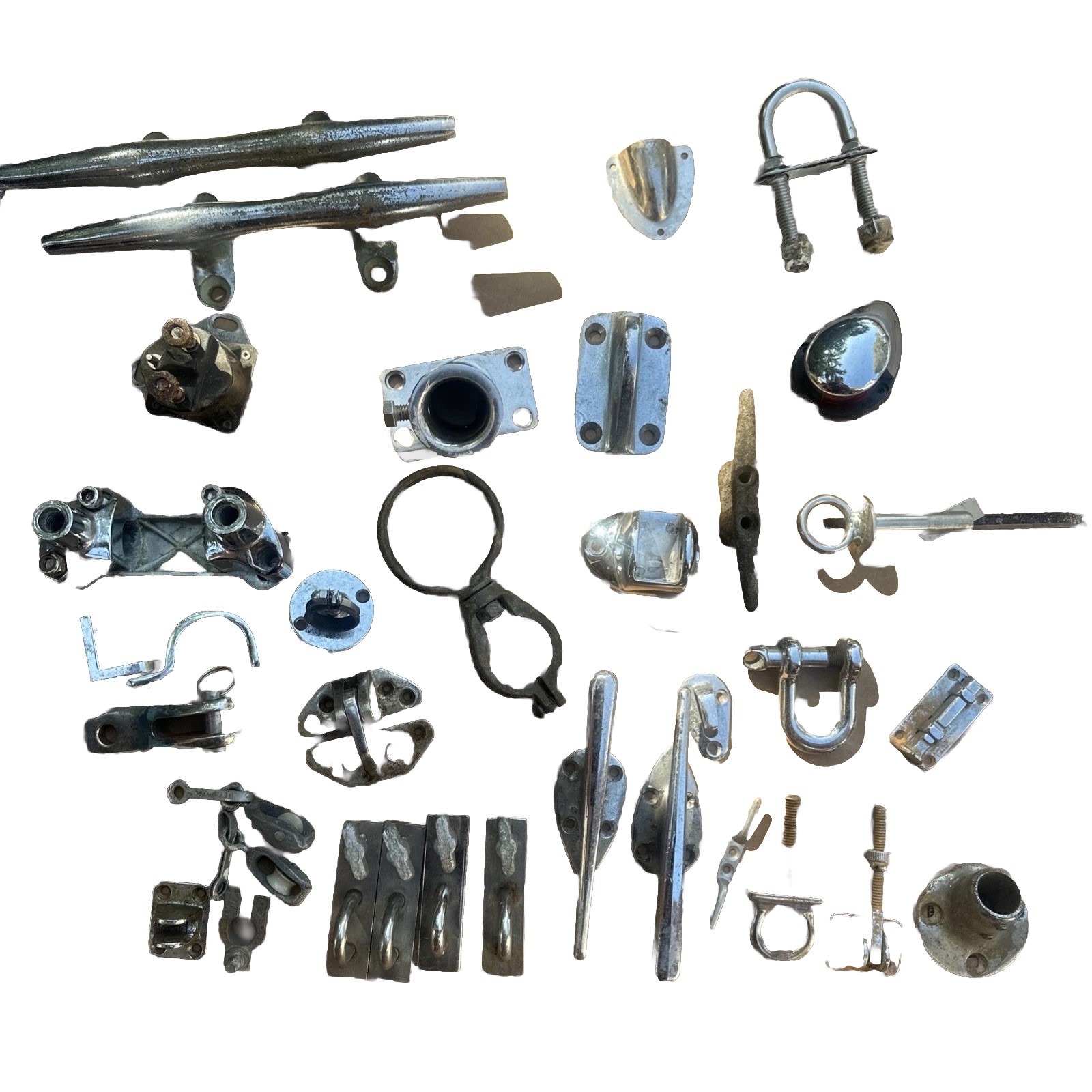 Lot of 32 Pc. Vintage Chrome Boat Cleats, Mounts, Marine Sailing Boating Rigging