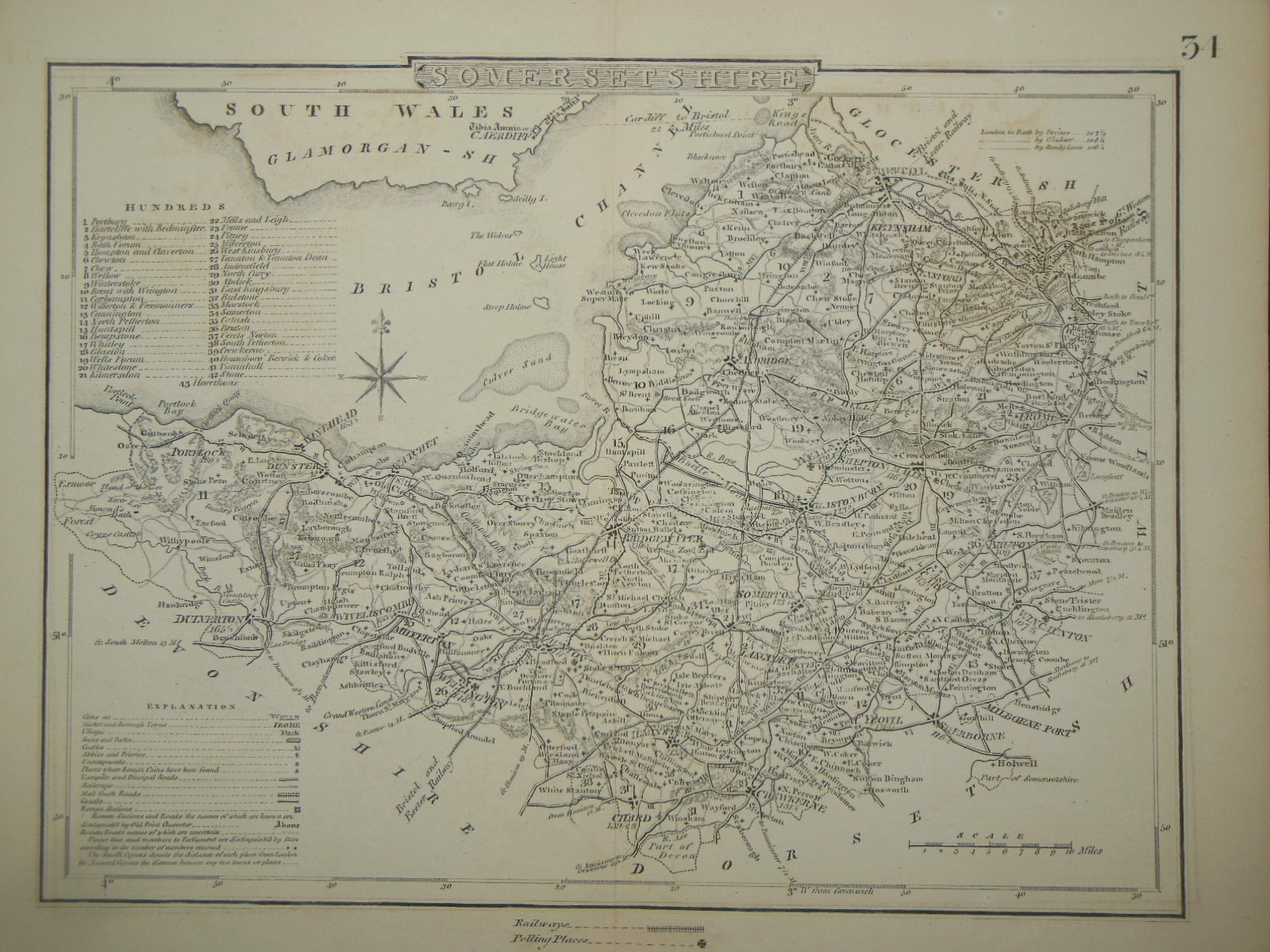 Original Antiquarian SOMERSETSHIRE Map (c1845) Somerset, Southern English County