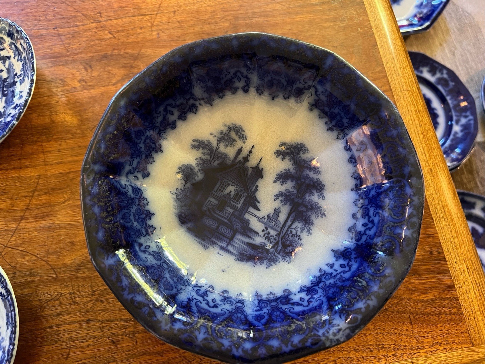 Arabesque Chinese Porcelain by T.J. & J FLOW BLUE 9” Footed Serving Bowl