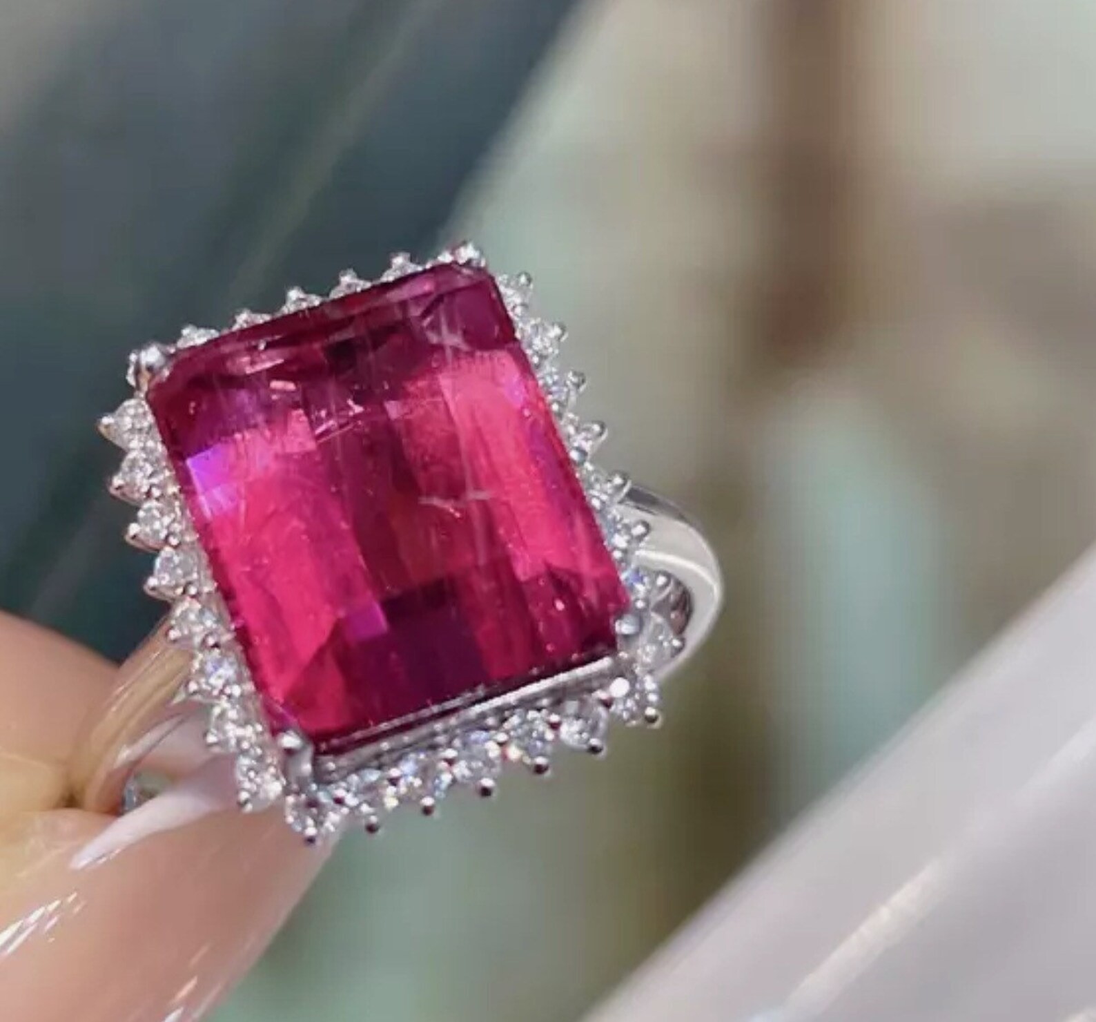 7.40 Ct Emerald Cut Natural Ruby And Diamond Ring 14K White Gold Size 6