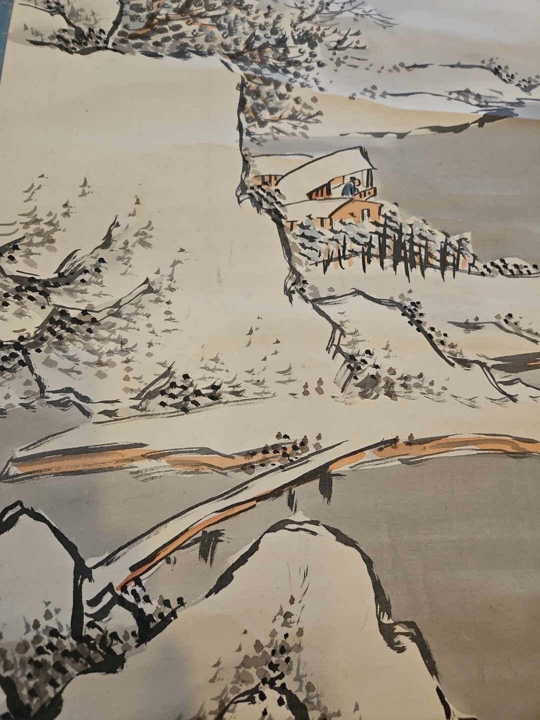 Oriental Hanging Scroll Hand Painted Mountains House Signed Vintage 78×21 Inches