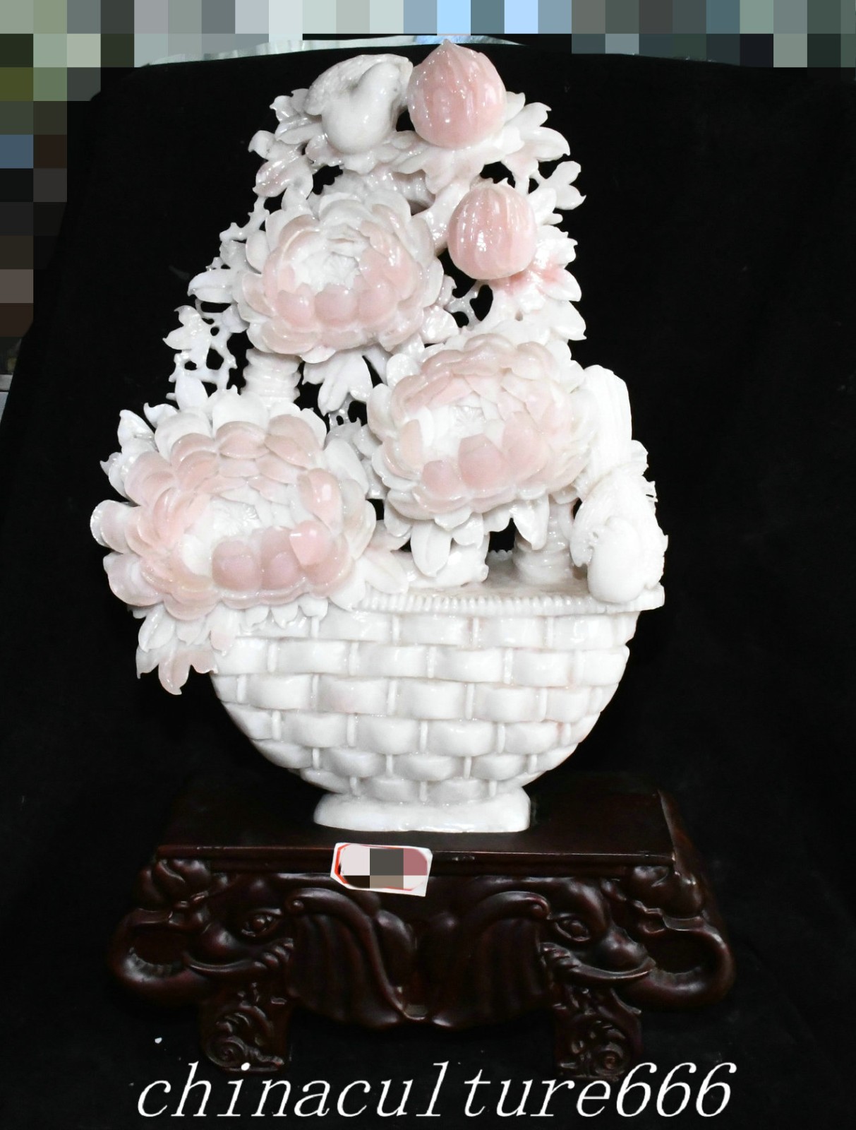 18.5″Chinese Natural Pine Xiu Jade Carving Peony Flower Bird Basket Statue