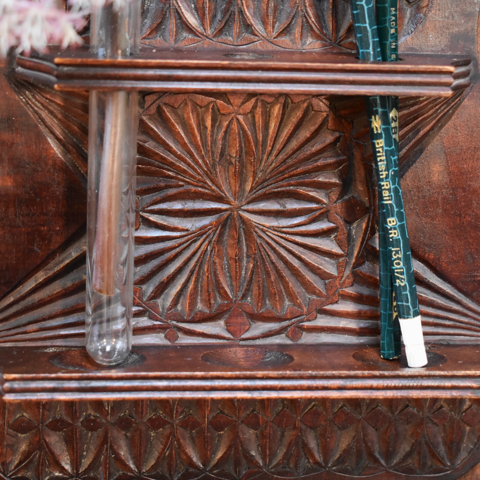 Antique Handcarved Folk Art Spoon Flower Rack Pen Brush Wall Shelf Stand