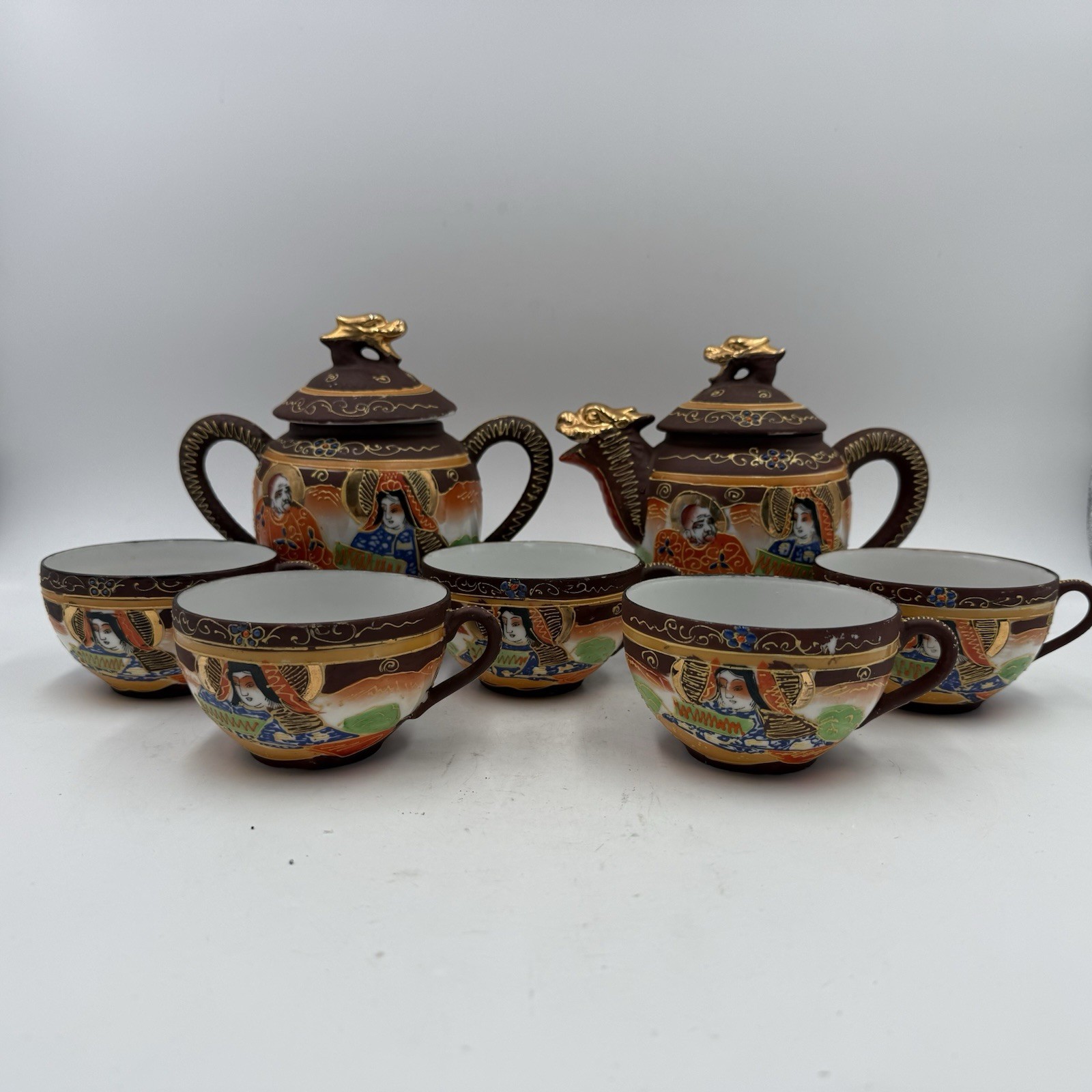 Vintage Japanese Porcelain Satsuma Moriage Style Dragonware Tea Set, 9 Pieces.