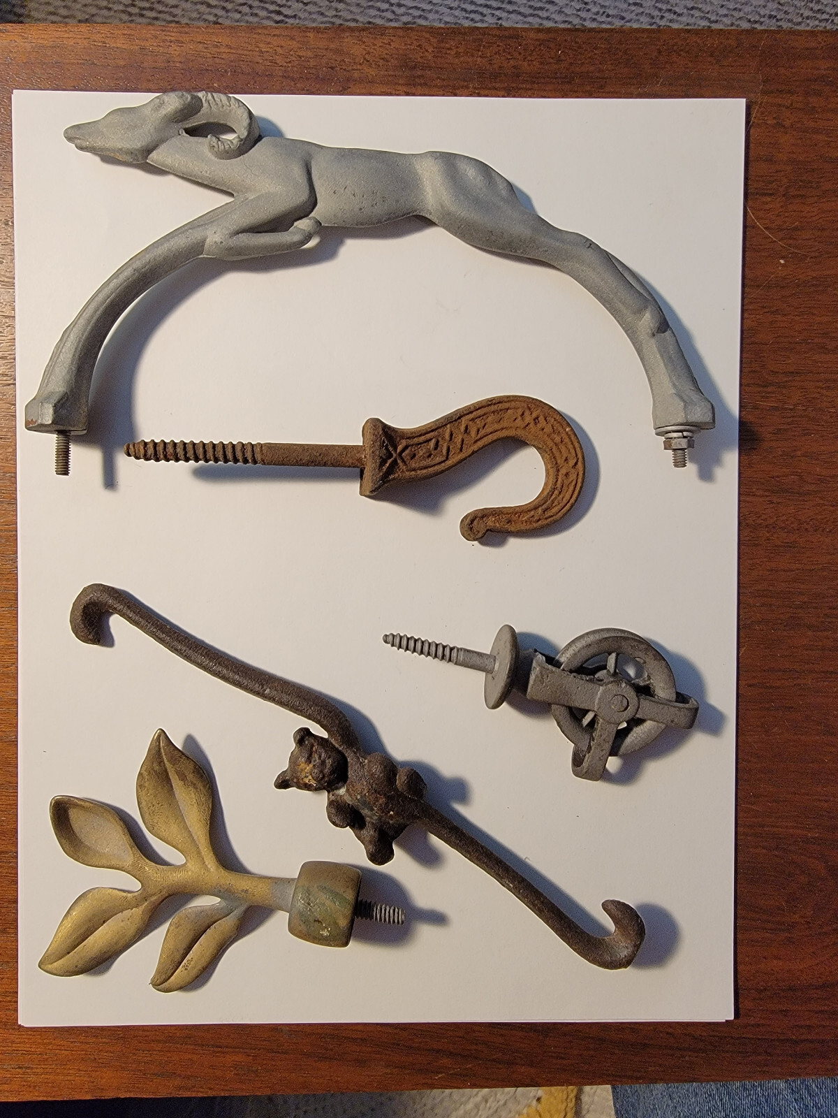 Vintage,variety group lot brass,cast iron -antelope door handle, phinnials,hooks