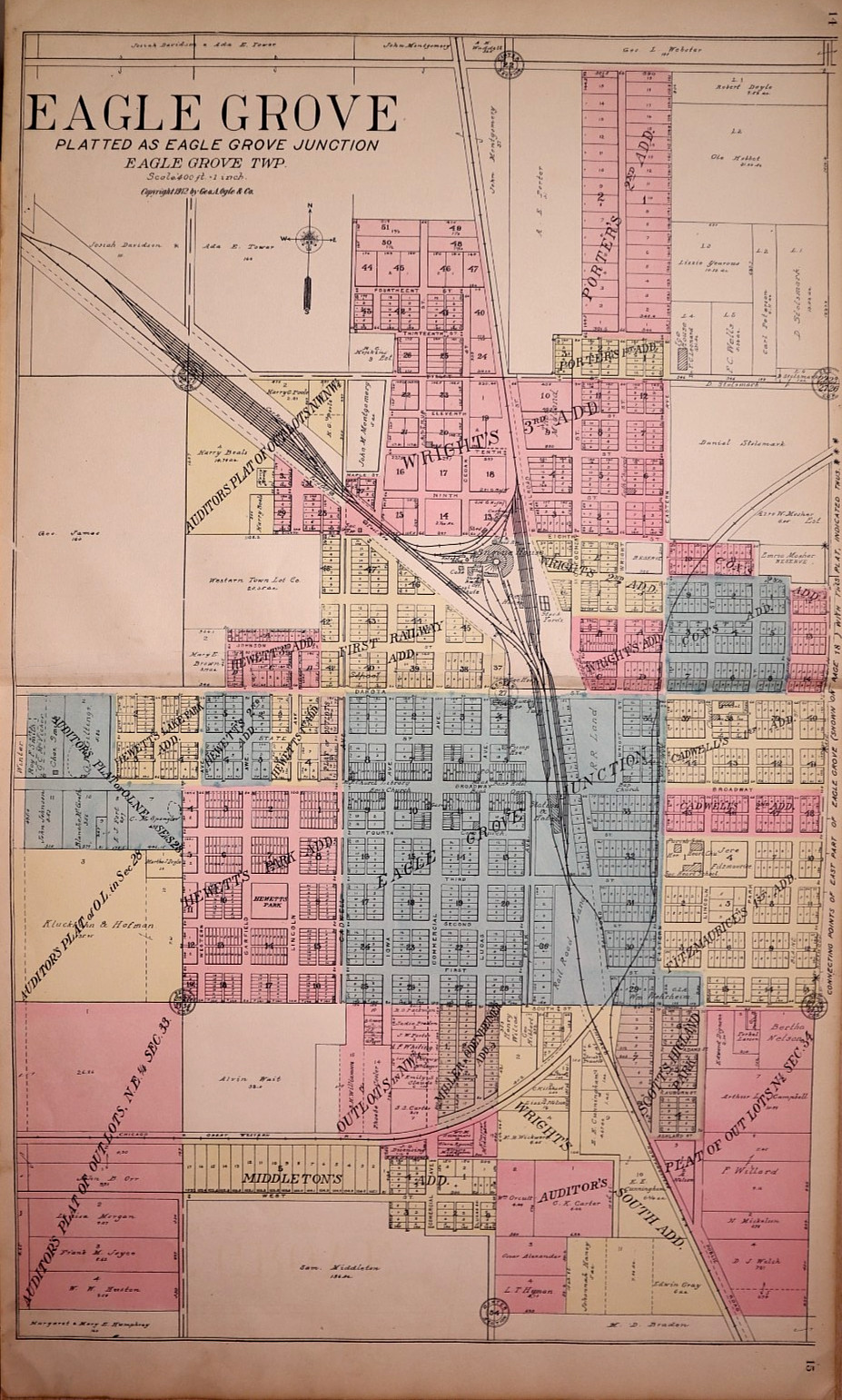Antique 1912 Plat Map ~ Eagle Grove, Wright County, Iowa ~ 17×29