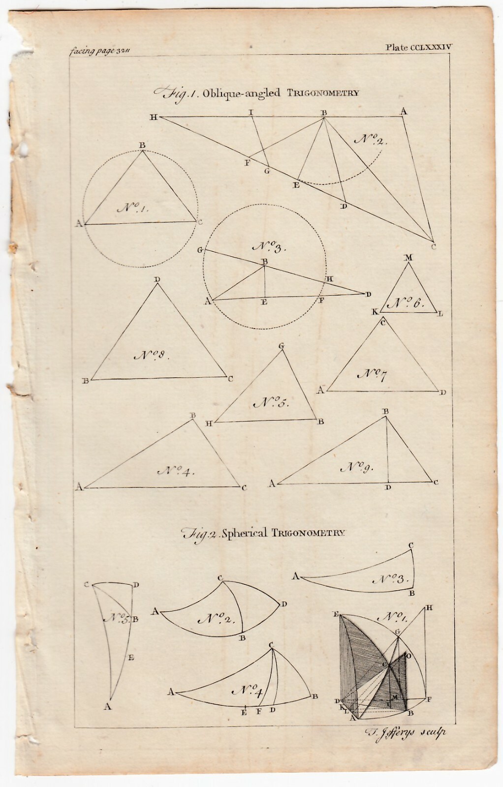 1764 THOMAS JEFFERYS Copper Engraving OBLIQUE-ANGLED & SPHERICAL TRIGONOMETRY