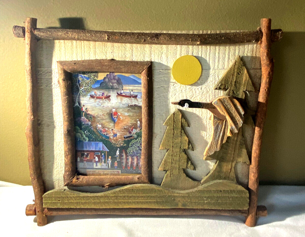 Vintage Diorama 3D Picture Stick Rim Wood River Goose Trees Mtns Wall Pic Frame