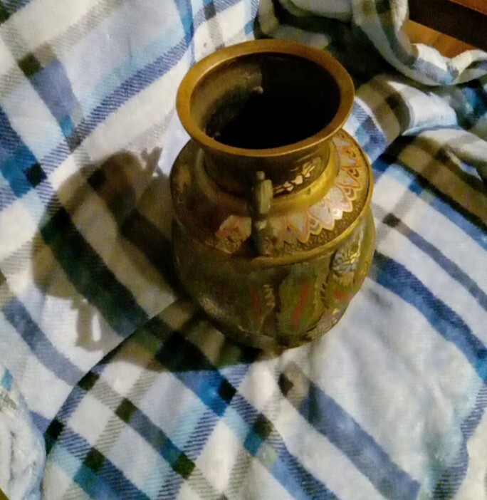 Asian Vase Antique Bronze/Brass Enamel Paint 12 In Tall