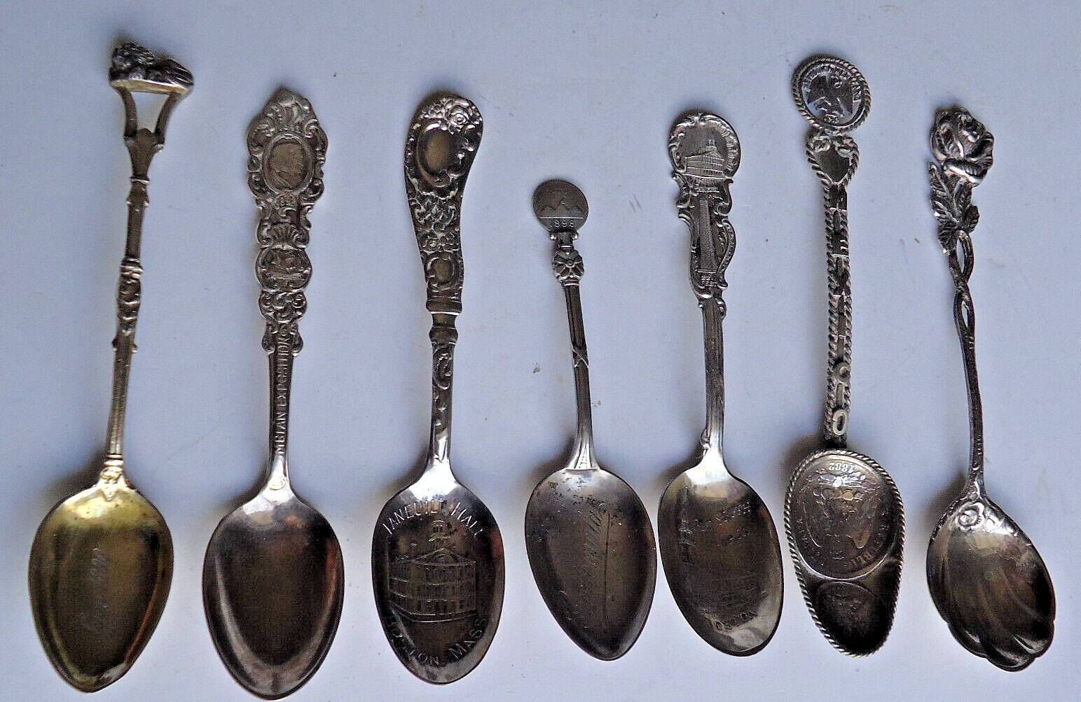 7 Antique Souvenir Spoons 1882 Mexico Coins , 1890 Lyon , 1898 Guatemala MORE