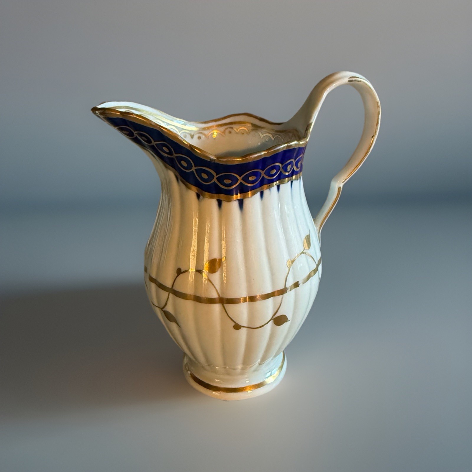 Antique Marked New Hall Spiral Fluted Milk Jug in Cobalt & Gold C1780