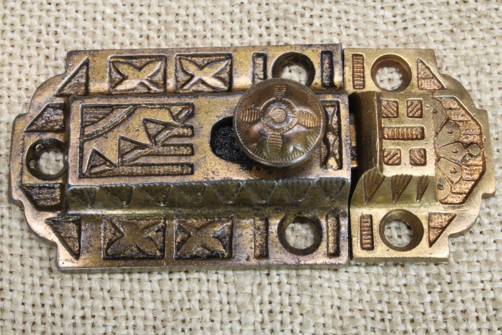 Old Cabinet Latch Catch Brass Eastlake Sunrise Crown Knob Vintage 1871 Patent