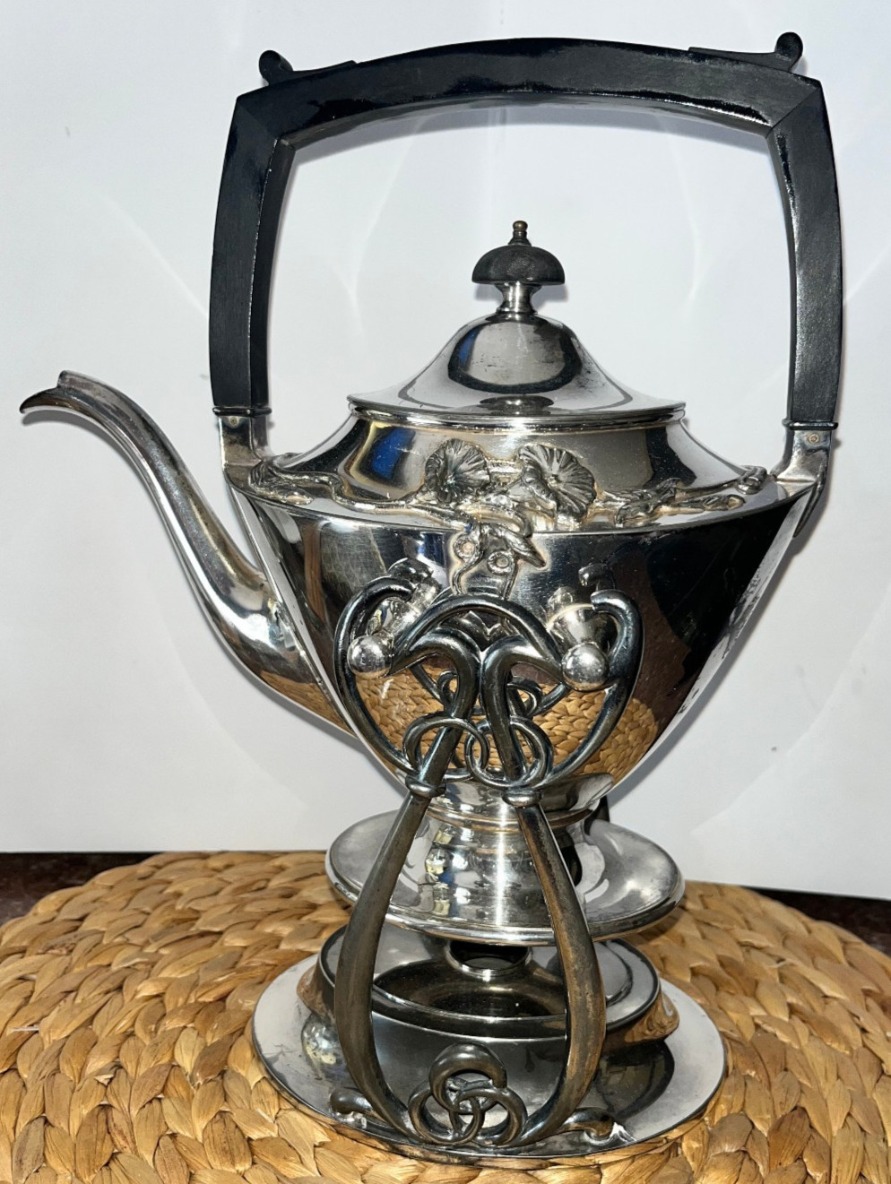 Antique Art Nouveau Silver Plated Tilting Tea Kettle on Stand 4600 model