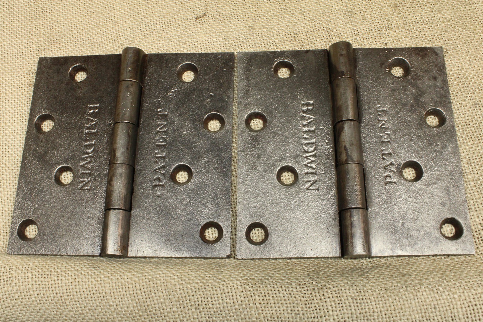 2 Old Door Hinges 4 1/2 X 4 1/2 ” 1850’s Heavy Duty Cast Iron Baldwin Patent