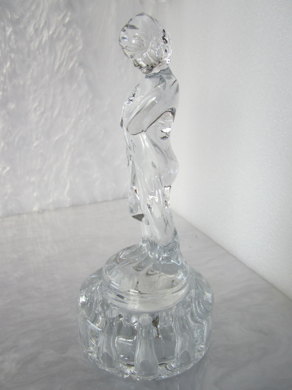 1930’s CAMBRIDGE ART GLASS “BASHFUL CHARLOTTE” DRAPED NUDE CRYSTAL FLOWER FROG