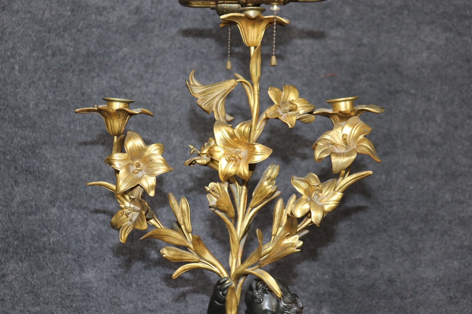 Pair 19th C Bronze Dore’ Cherubs Table Lamps Candelabra Manner Henry Dasson