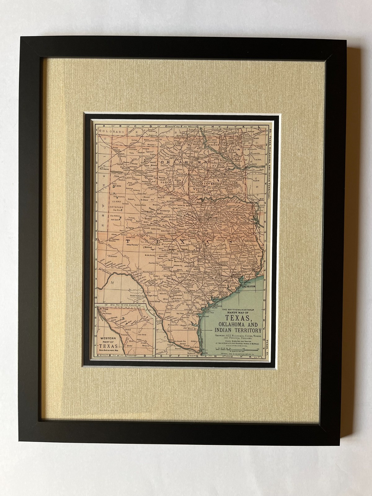 1898 TEXAS OKLAHOMA State Map fm 1903 Crown Encyclopedia Large Frame SEE DESCRIP