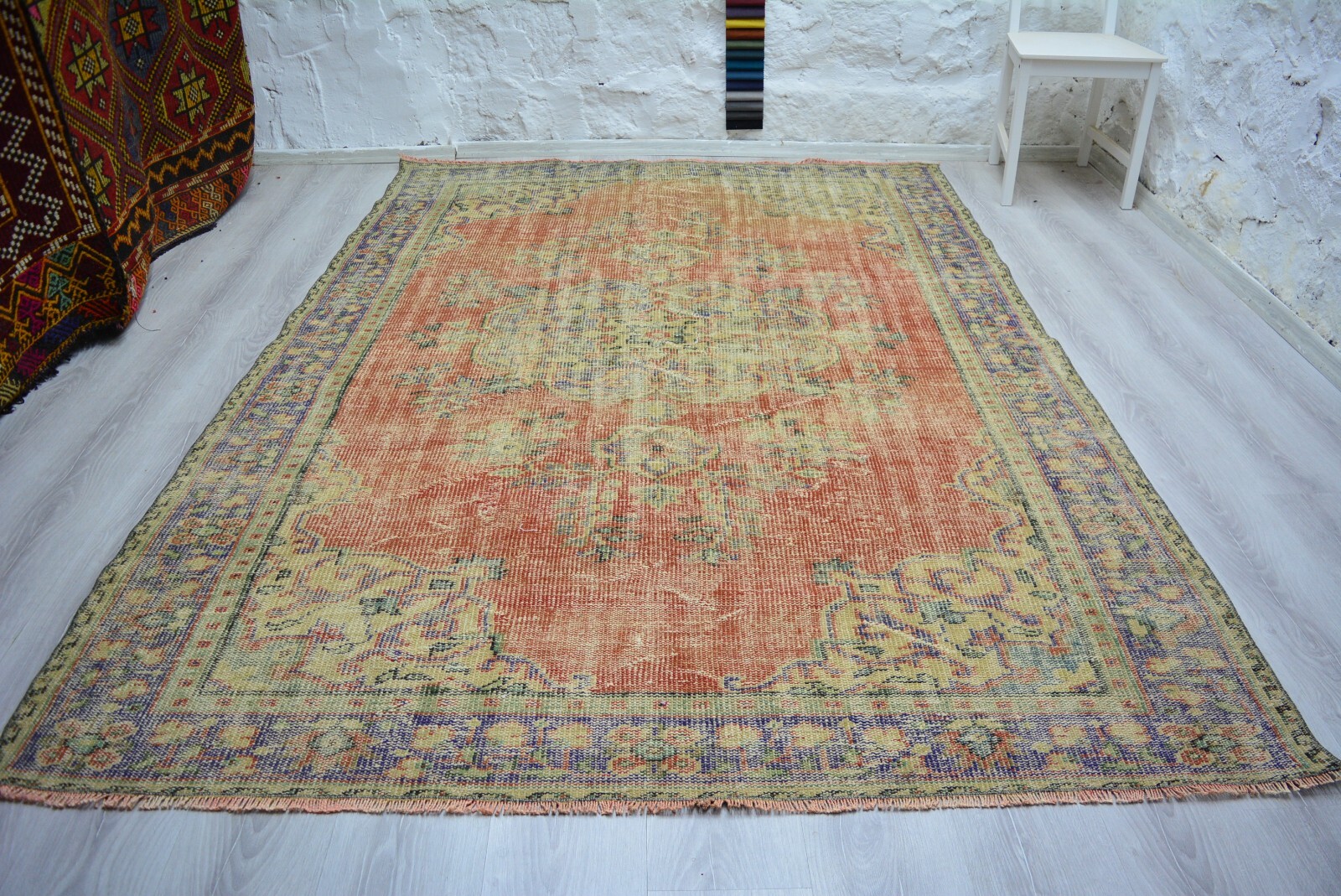 Red Turkish Anatolian Vintage Rug, 5.9×8.5ft, Colorful Bordered Handmade Rug,
