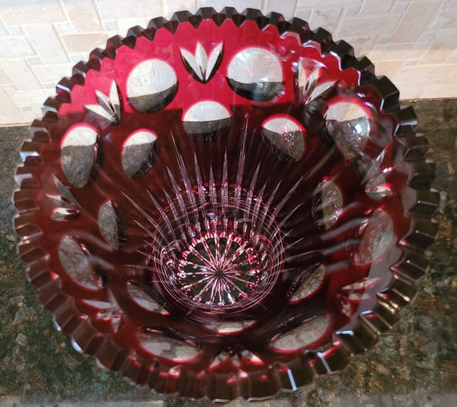 Large Antique Ruby Cut to Clear Crystal vase in perfect condition, 10 1/8″ Tall