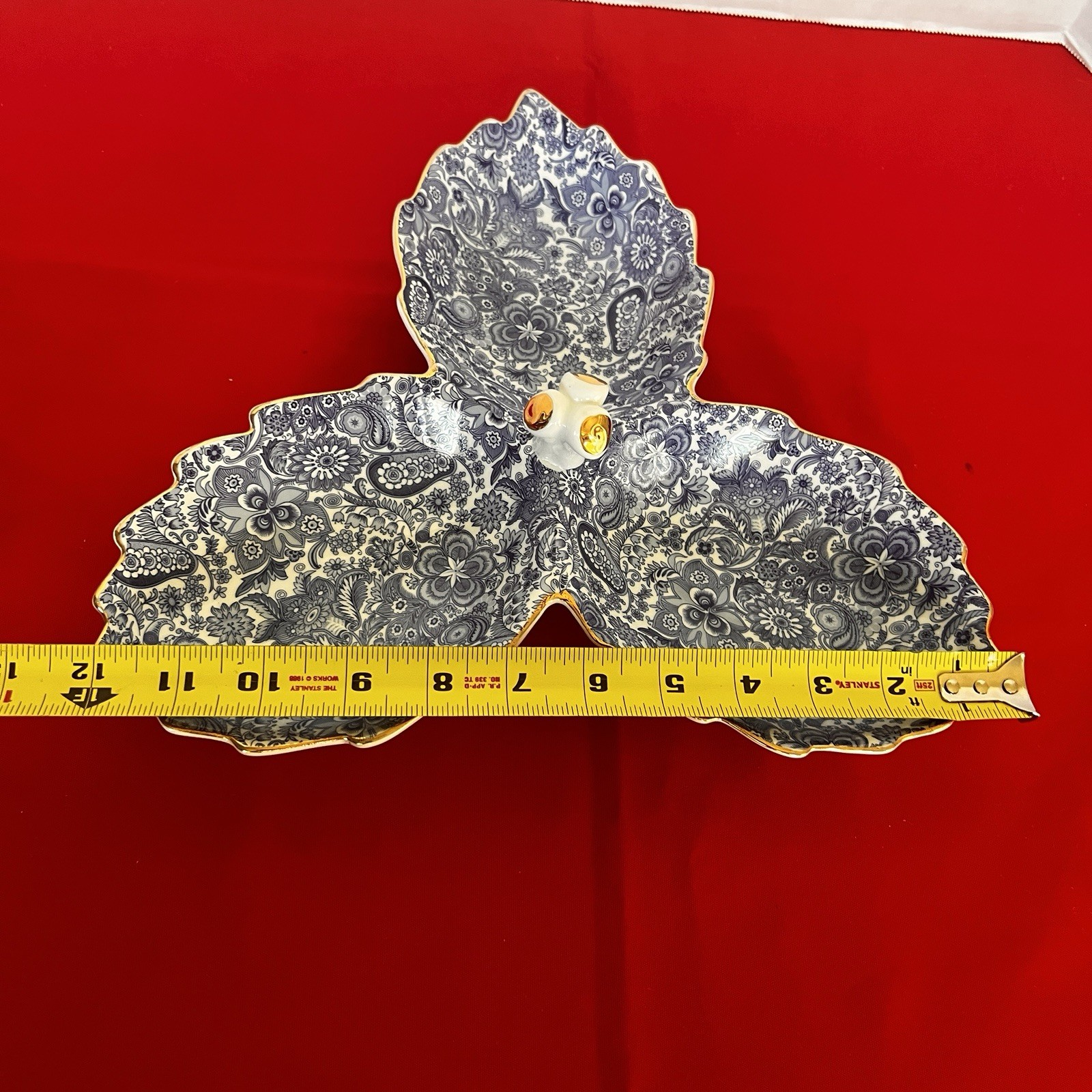 Antique Reflections by J Godinger & Co divided dish Blue Floral W/ Gold Trim 12”