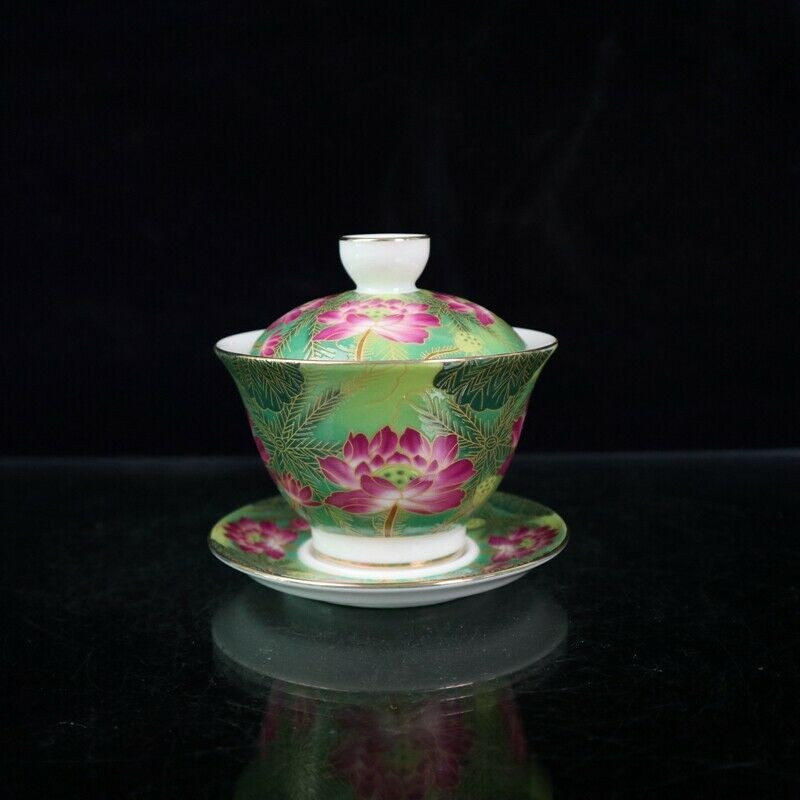 Chinese Jingdezhen Painted Pastel Lotus Flower Pattern Covered Bowl Tea Cup