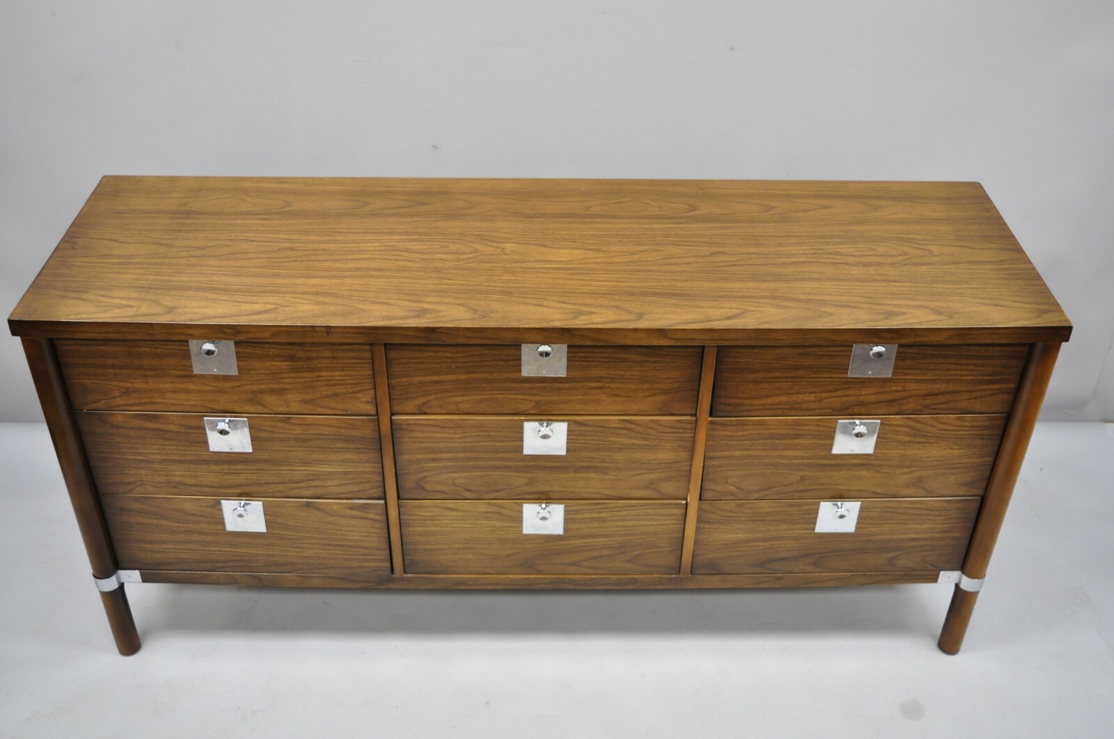 Vintage Mid Century Modern Walnut & Chrome 9 Drawer Credenza Dresser w/ Mirror