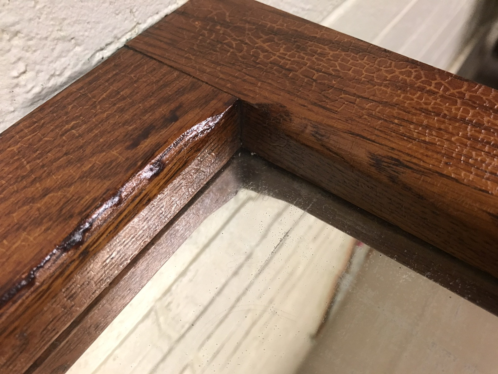 ANTIQUE VTG WOOD FRAMED RECTANGULAR BEVELED WALL MIRROR 27 1/4 X 23 1/4” X 1 3/4