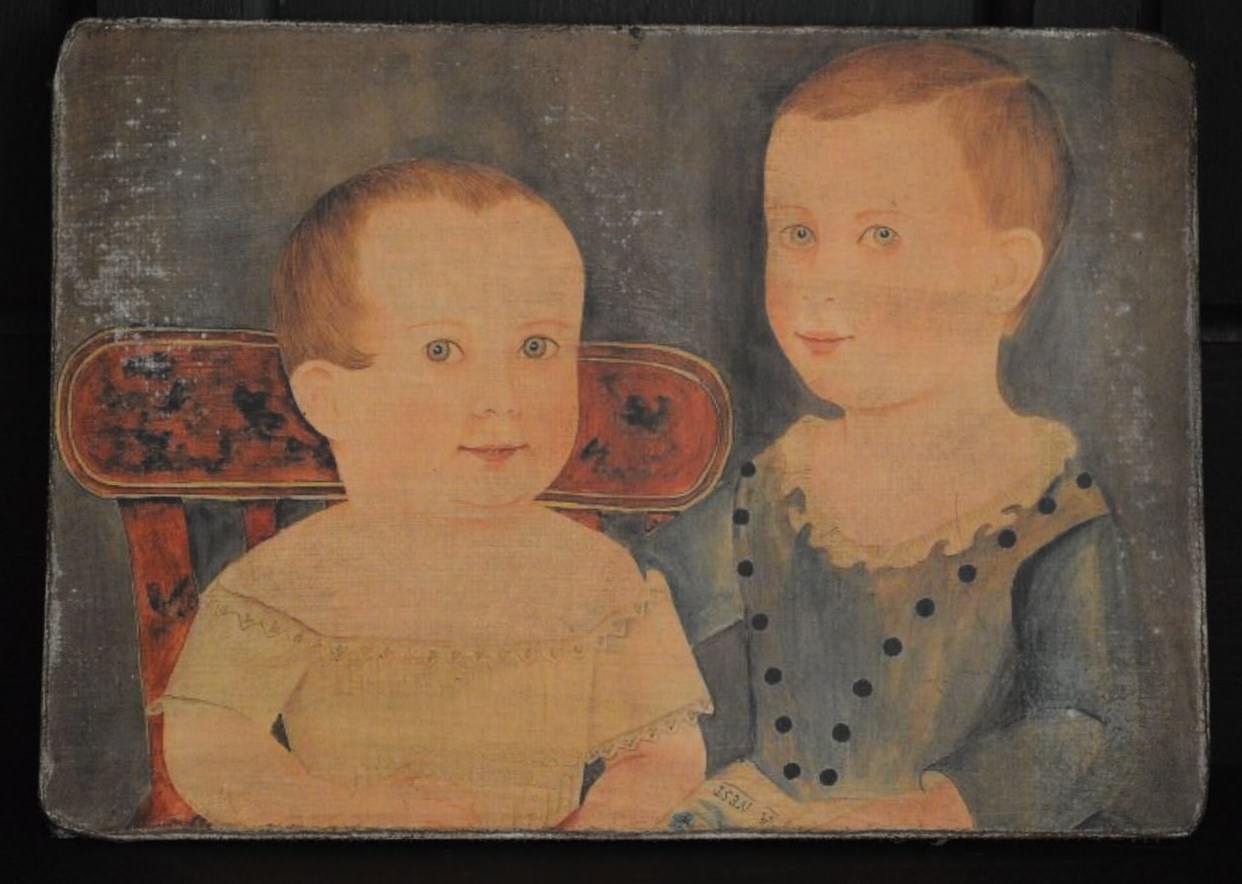 Handmade Primitive Folk Art Two Children Print on Canvas Board 8×10″