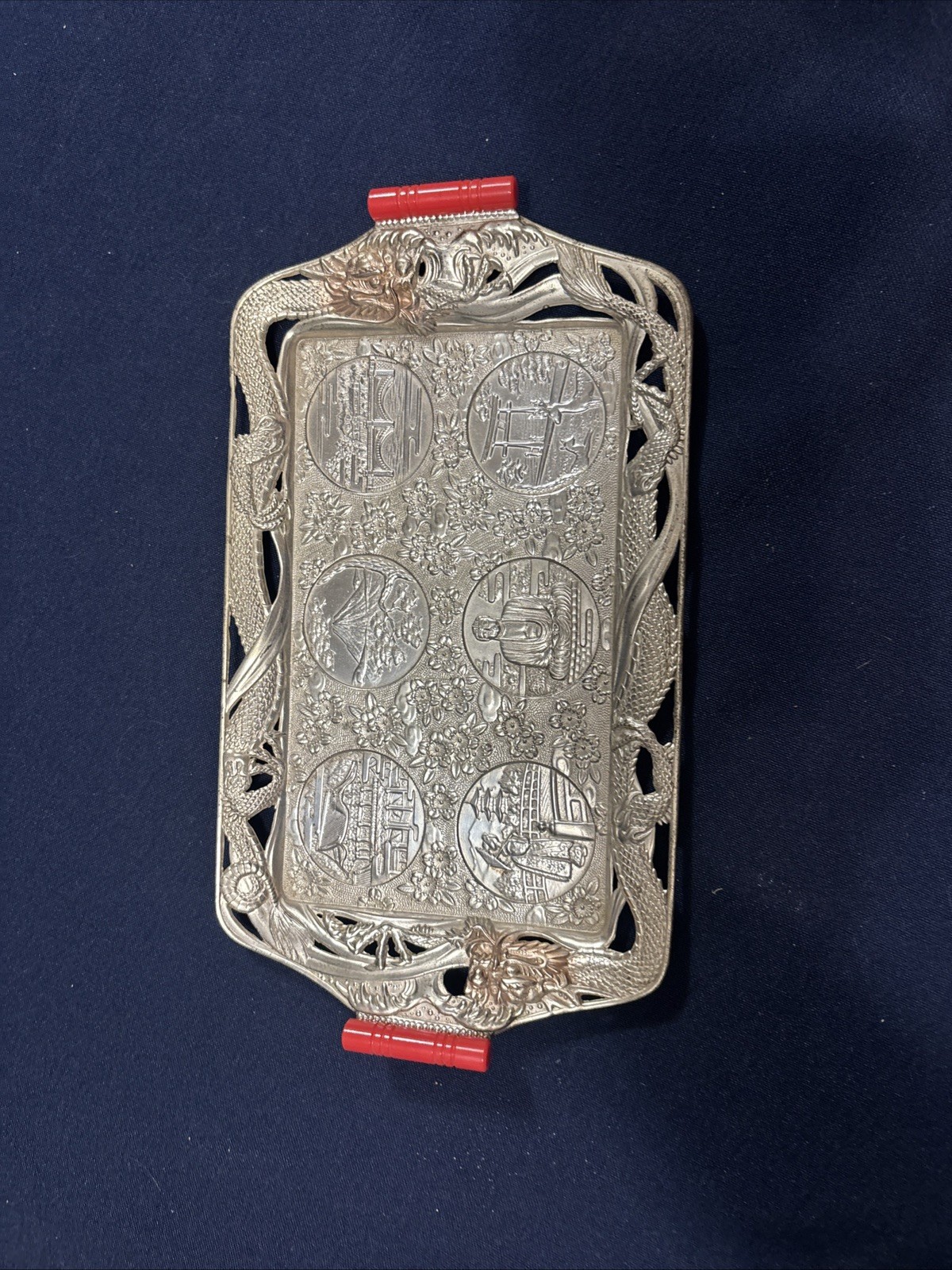 Japanese Pictorial Silverplate Tray Red Bakelite Handles Buddha Geisha Pagoda