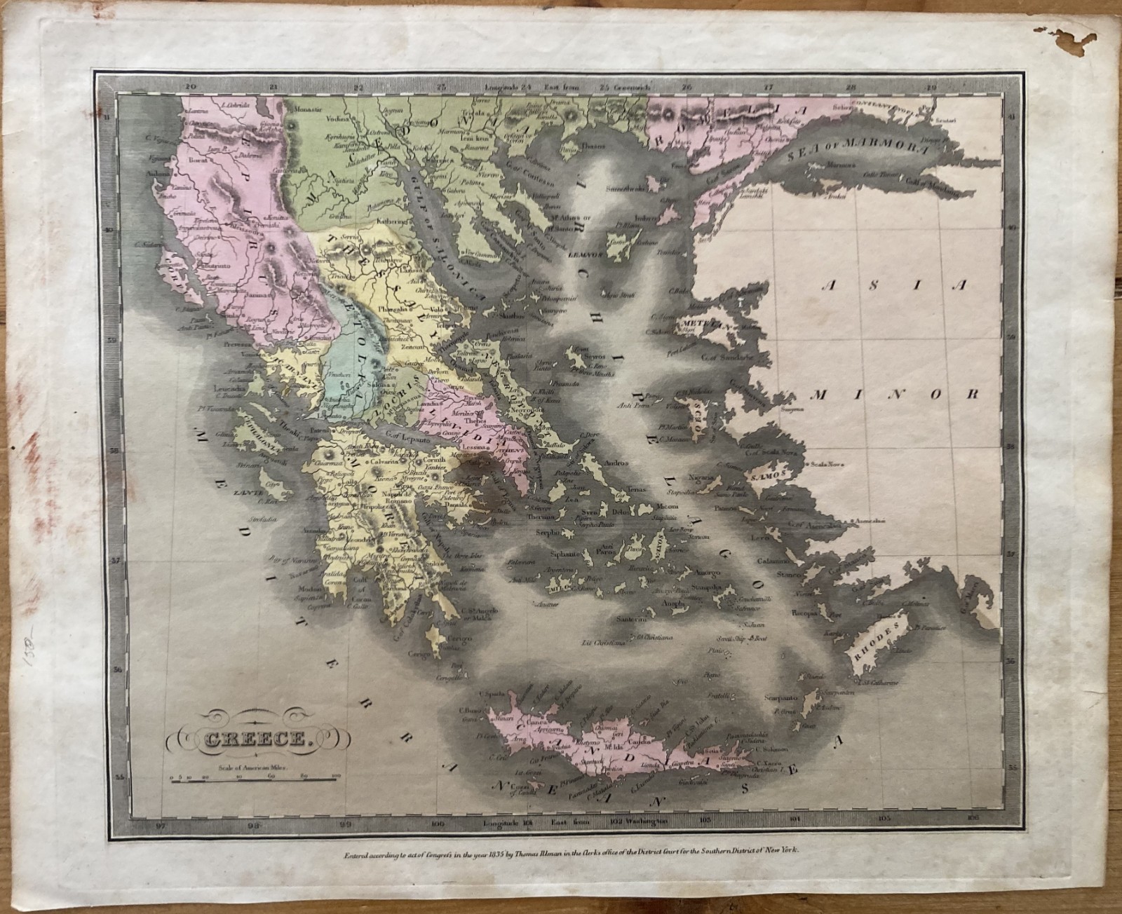 DAVID BURR-Original Hand Colored Map-1835-GREECE-Illman & Pilbrow-Rare