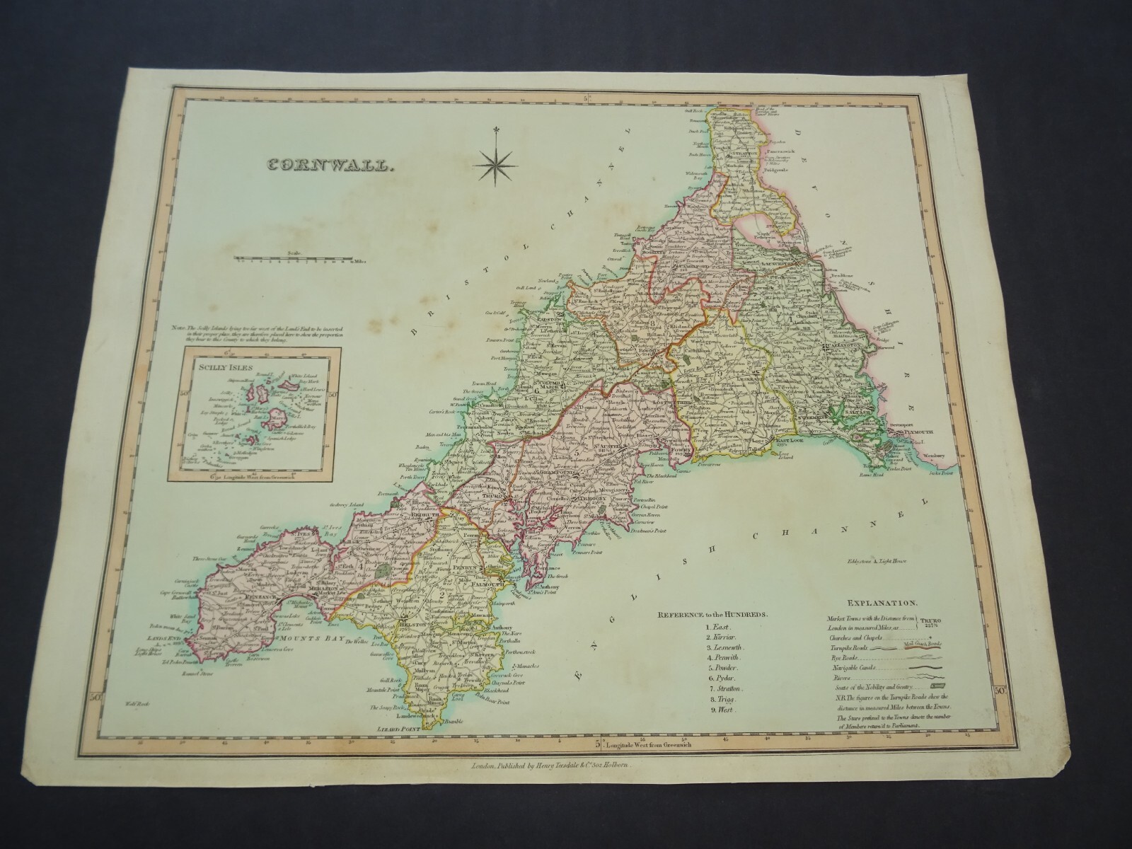 Antique map of Cornwall by Henry Teesdale 1829
