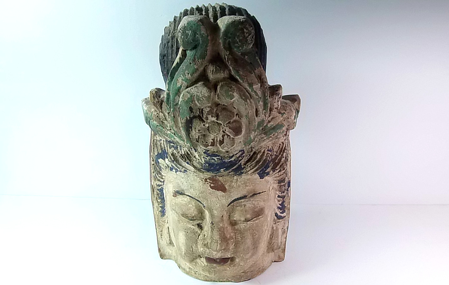ANTIQUE Wood Carving Painted Guanyin Bodhisattva BUDDHA Head 12 in tall Serene