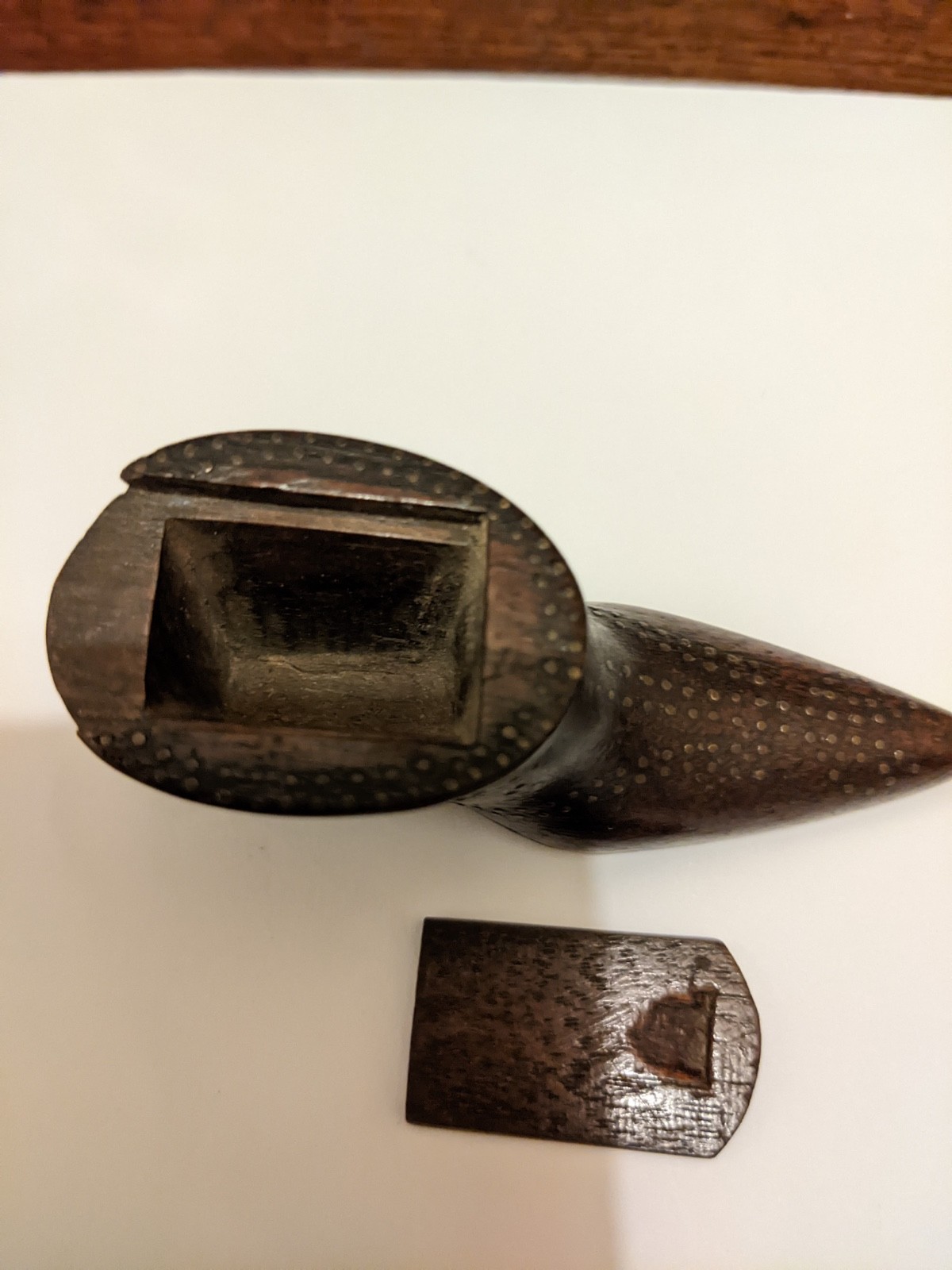 Antique Georgian Treen Snuff Shoe Brass Pique Decoration.