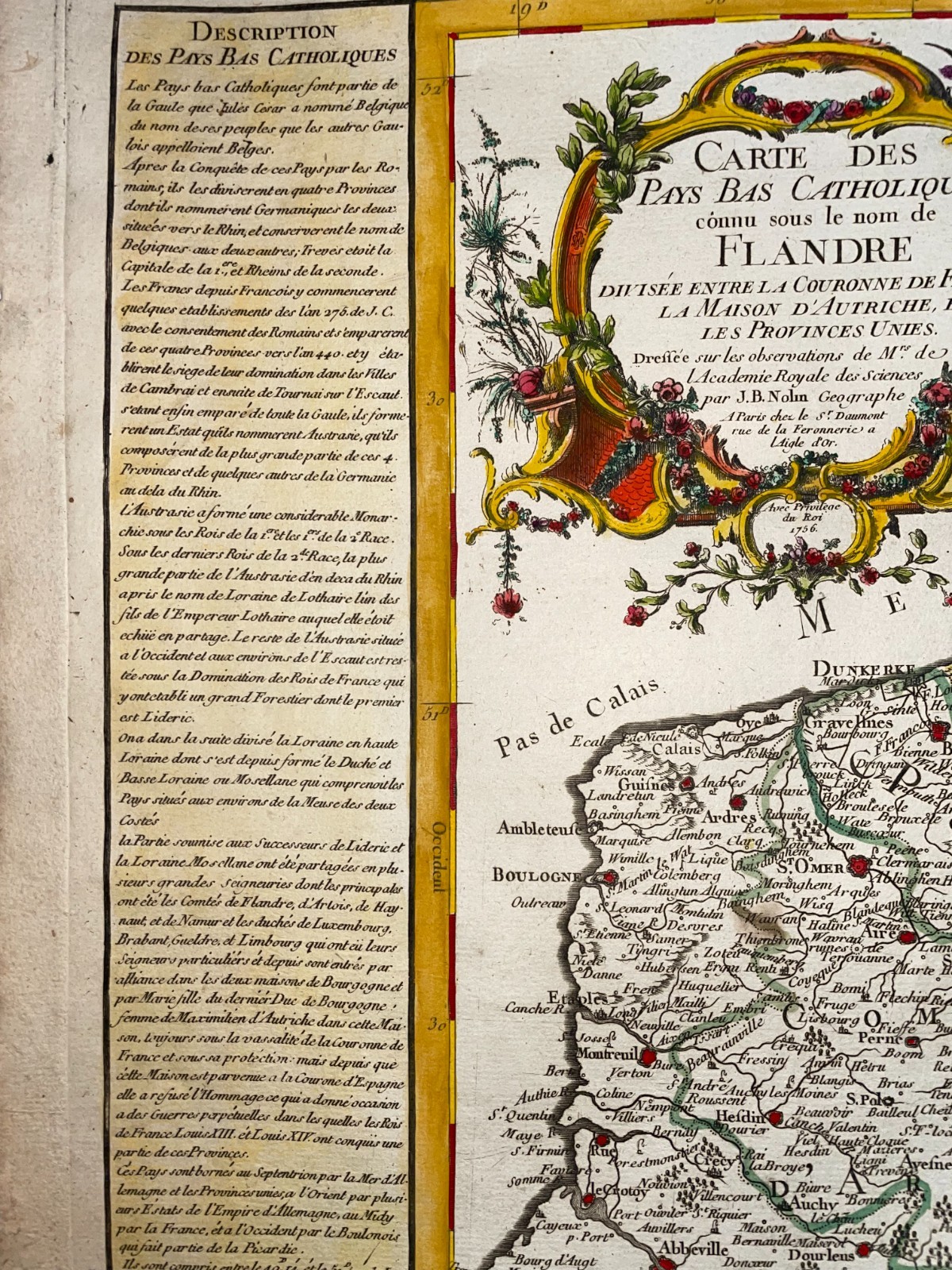 FLANDERS DATED 1756 J.B. NOLIN LARGE ANTIQUE ENGRAVED MAP 18TH CENTURY
