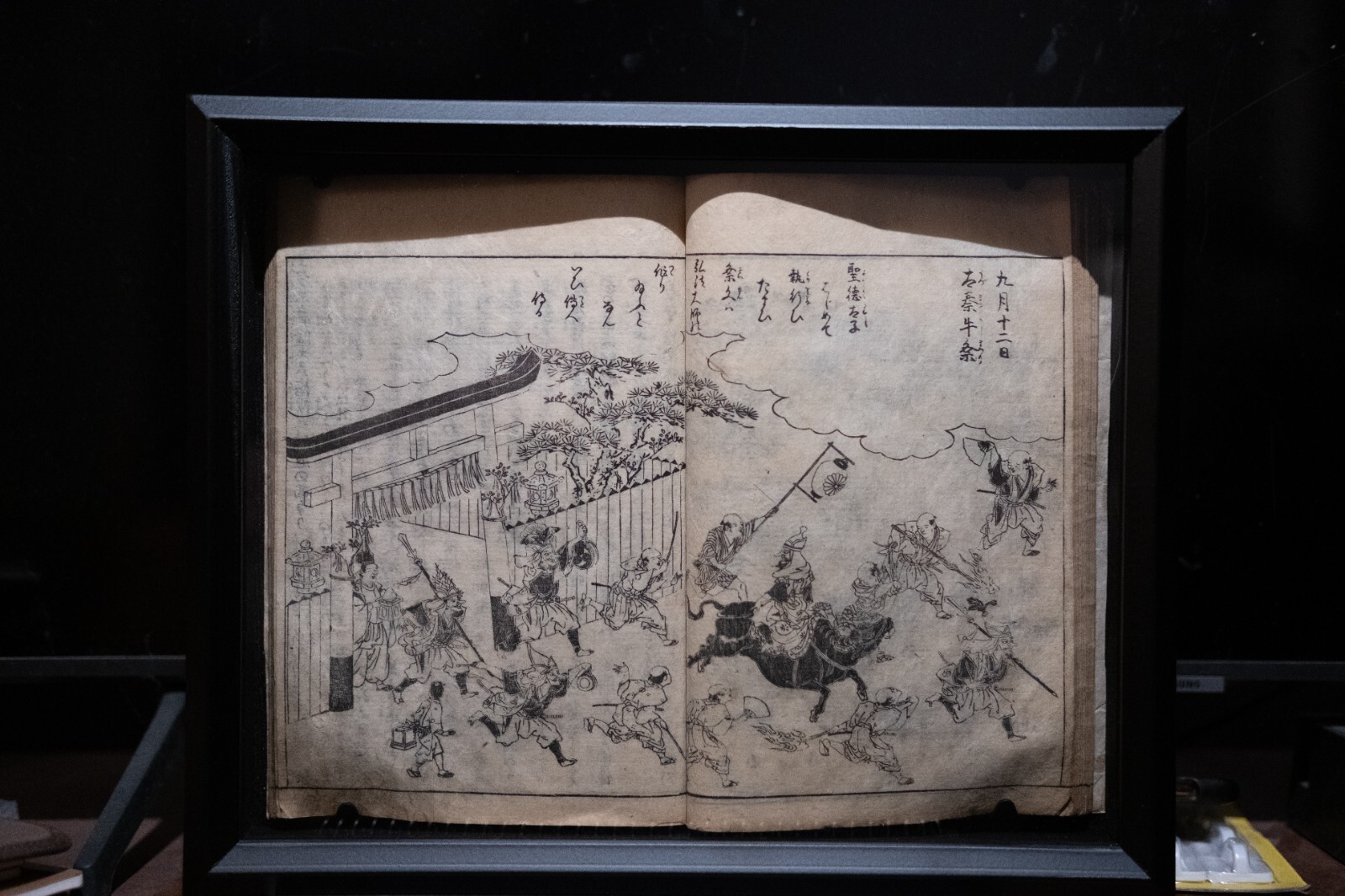 antique Japanese woodblock print soft cover book in preserved in shadow box.#2