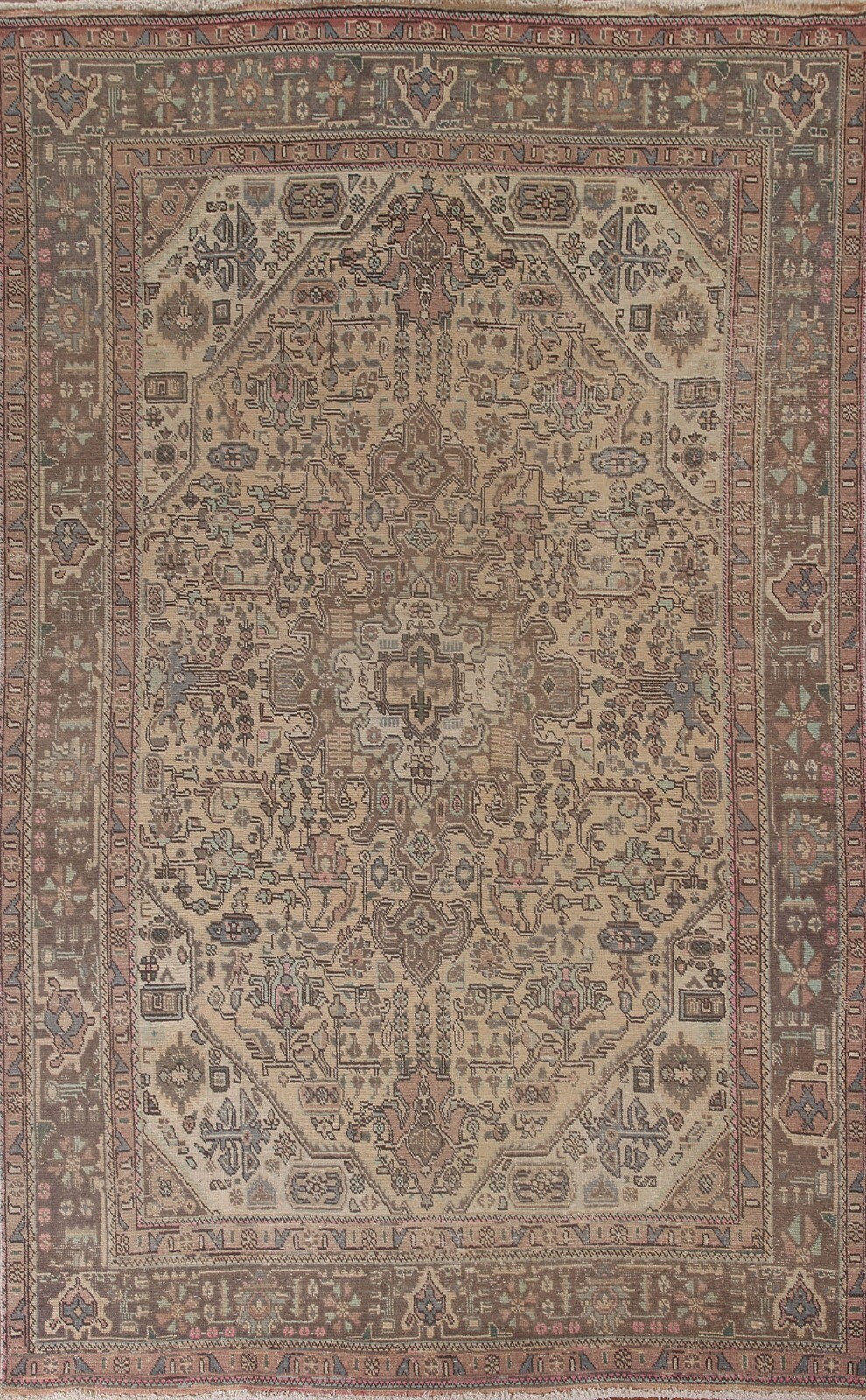 Vintage Muted Traditional Floral Tebriz Area Rug 7’x10′ Wool Hand-knotted Carpet