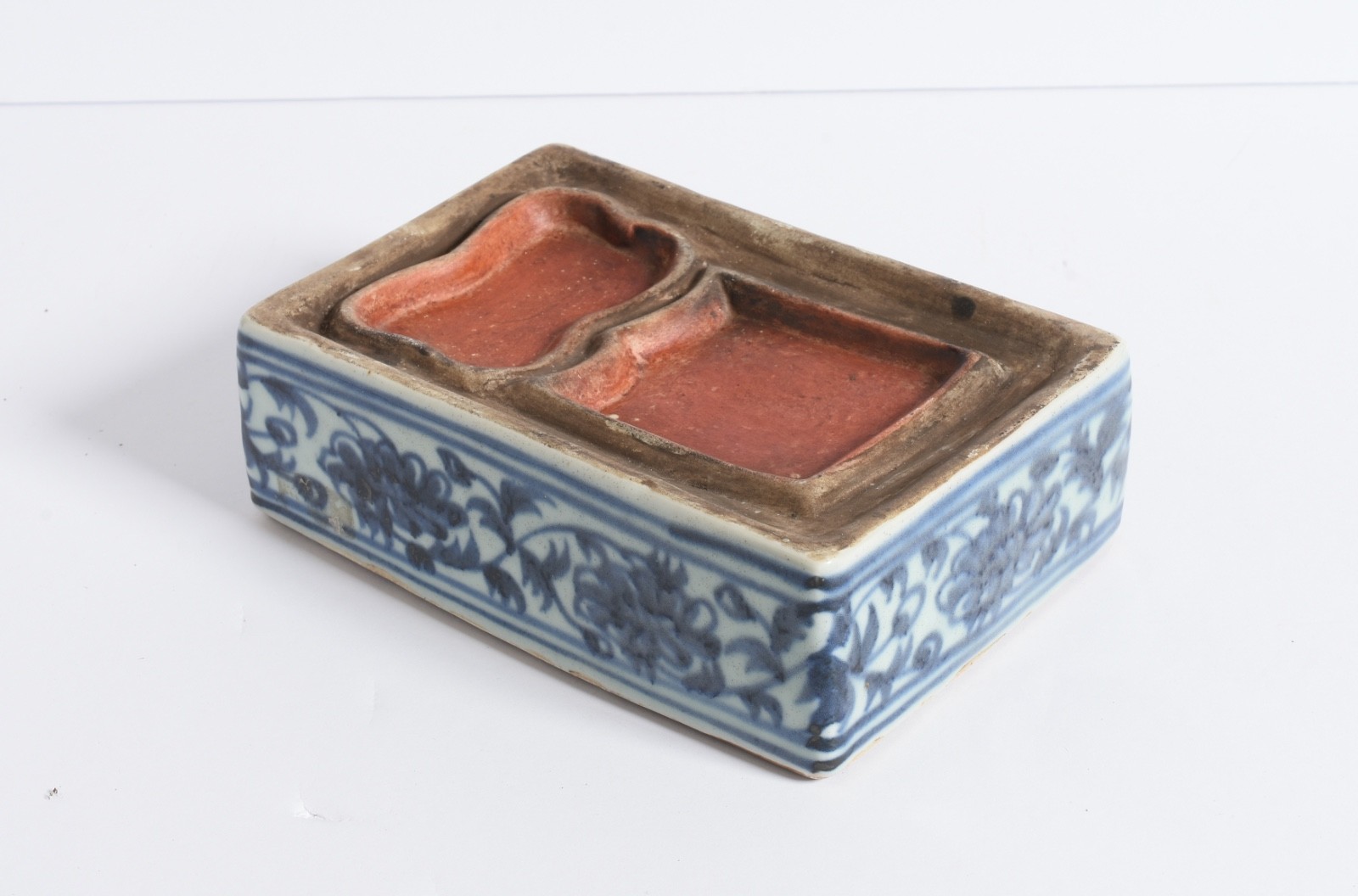 6″ Ink box Antique 19th C. Chinese hollow porcelain underglaze blue decoration.